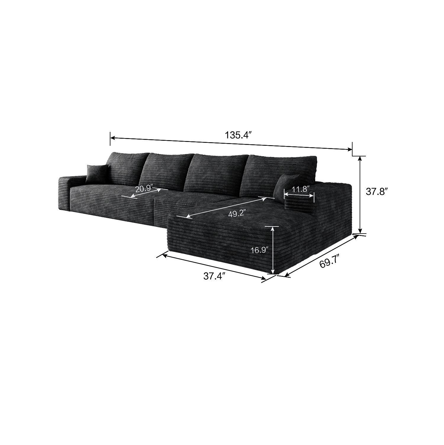 135" Cloud Sectional Couch with L-Shape Chaise,Modern Modular Sofa with Deep Seat, Upholstered Couches for Living Room Bedroom,No Assembly Required, Black(Plush Corduroy Fabric) - Image 6