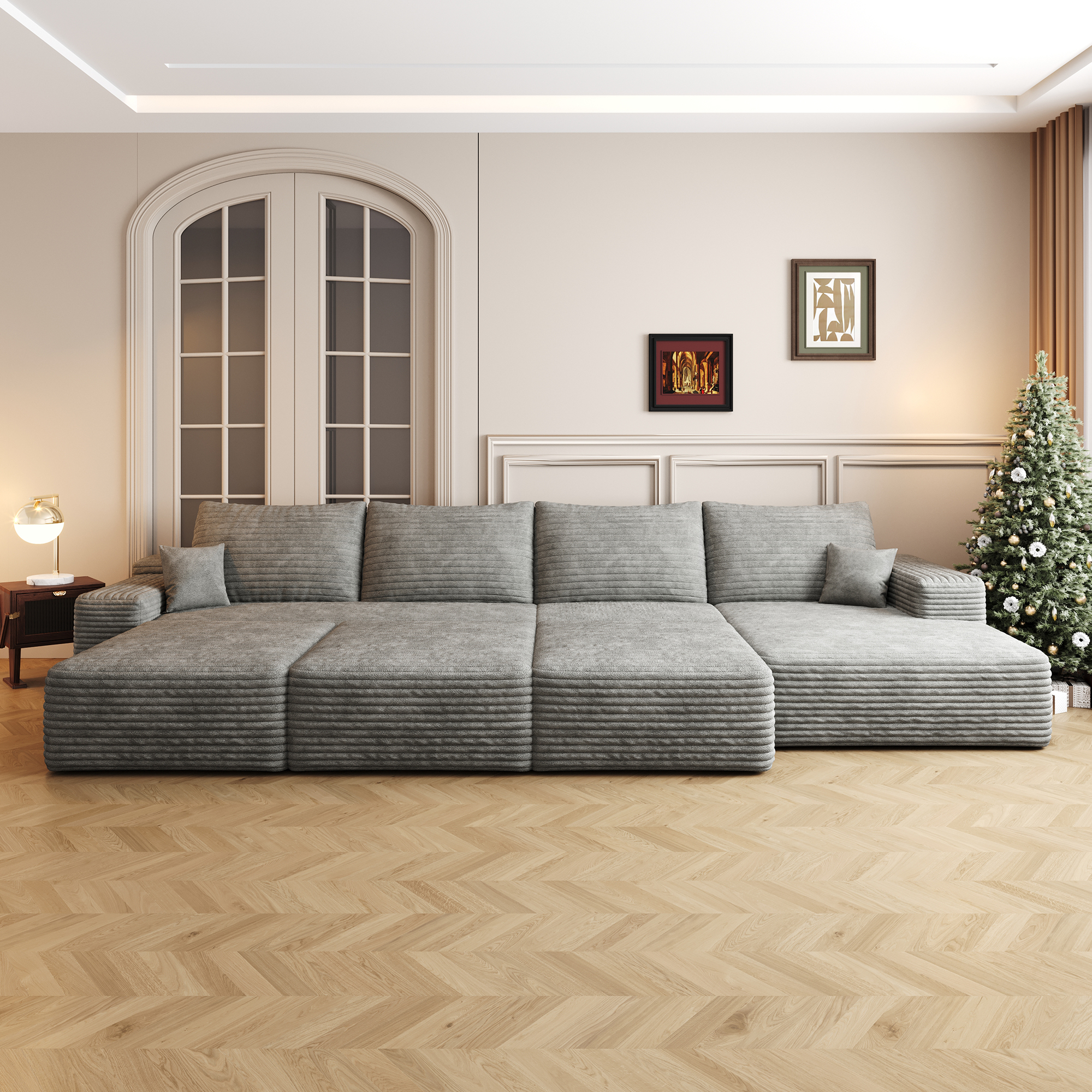 135"Large size modular cloud sofa 6 seats down sofa bed apartment living room sofa ,No Assembly Required,Grey(Plush Corduroy Fabric) - Image 2