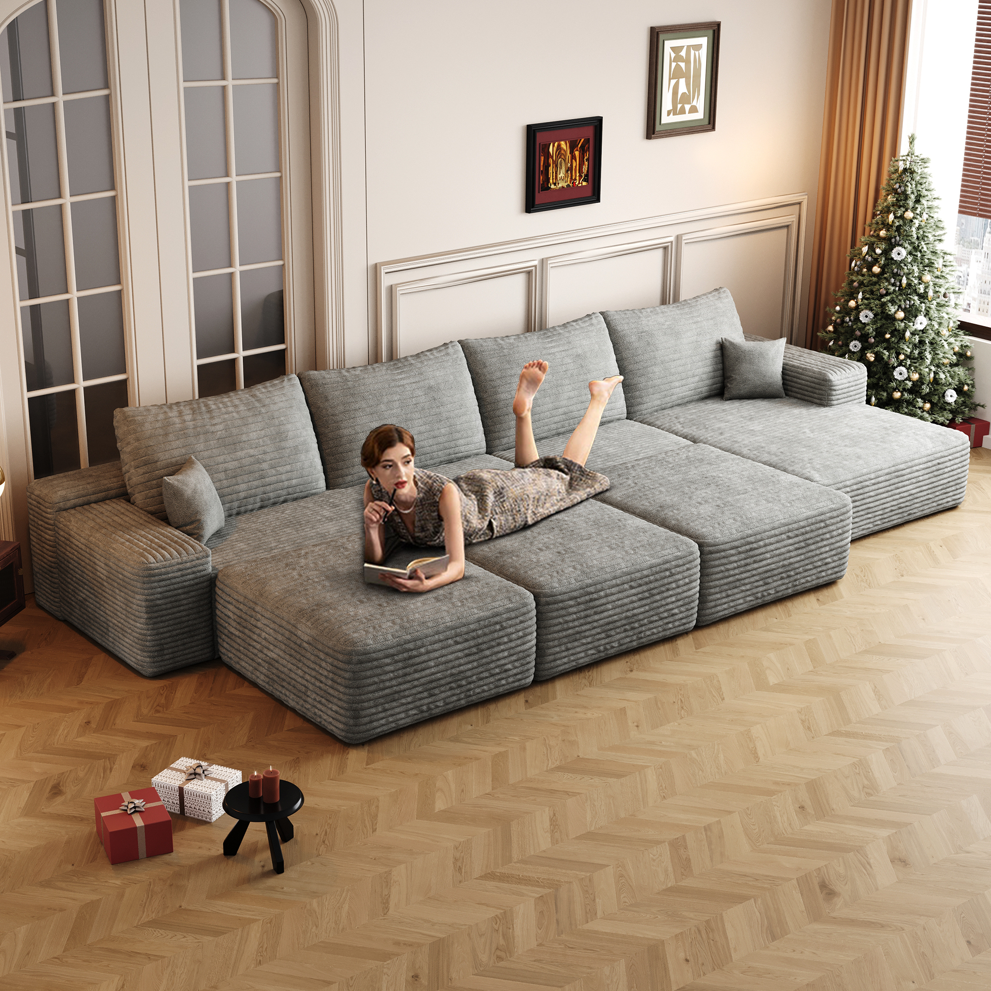 135"Large size modular cloud sofa 6 seats down sofa bed apartment living room sofa ,No Assembly Required,Grey(Plush Corduroy Fabric) - Image 3
