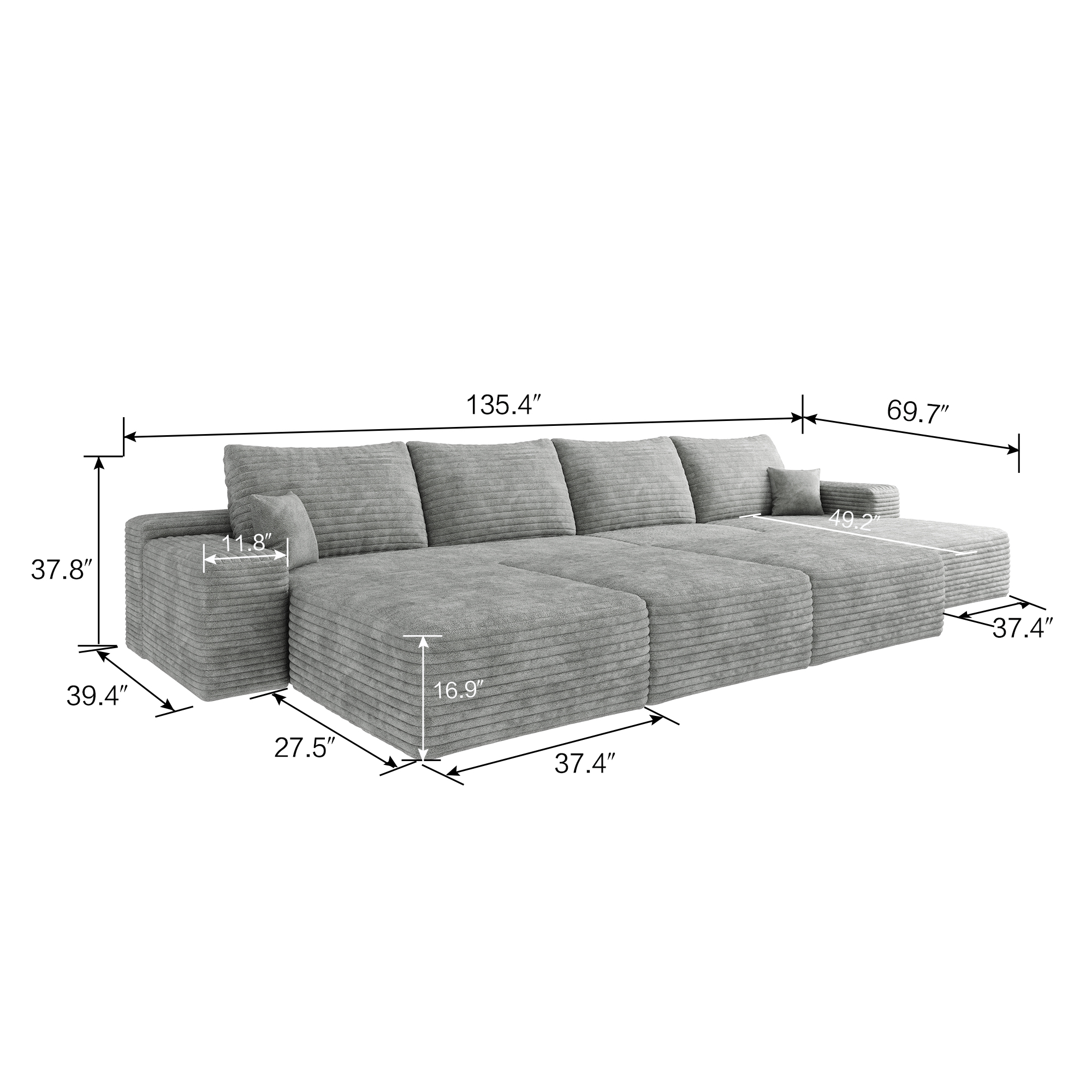 135"Large size modular cloud sofa 6 seats down sofa bed apartment living room sofa ,No Assembly Required,Grey(Plush Corduroy Fabric) - Image 5