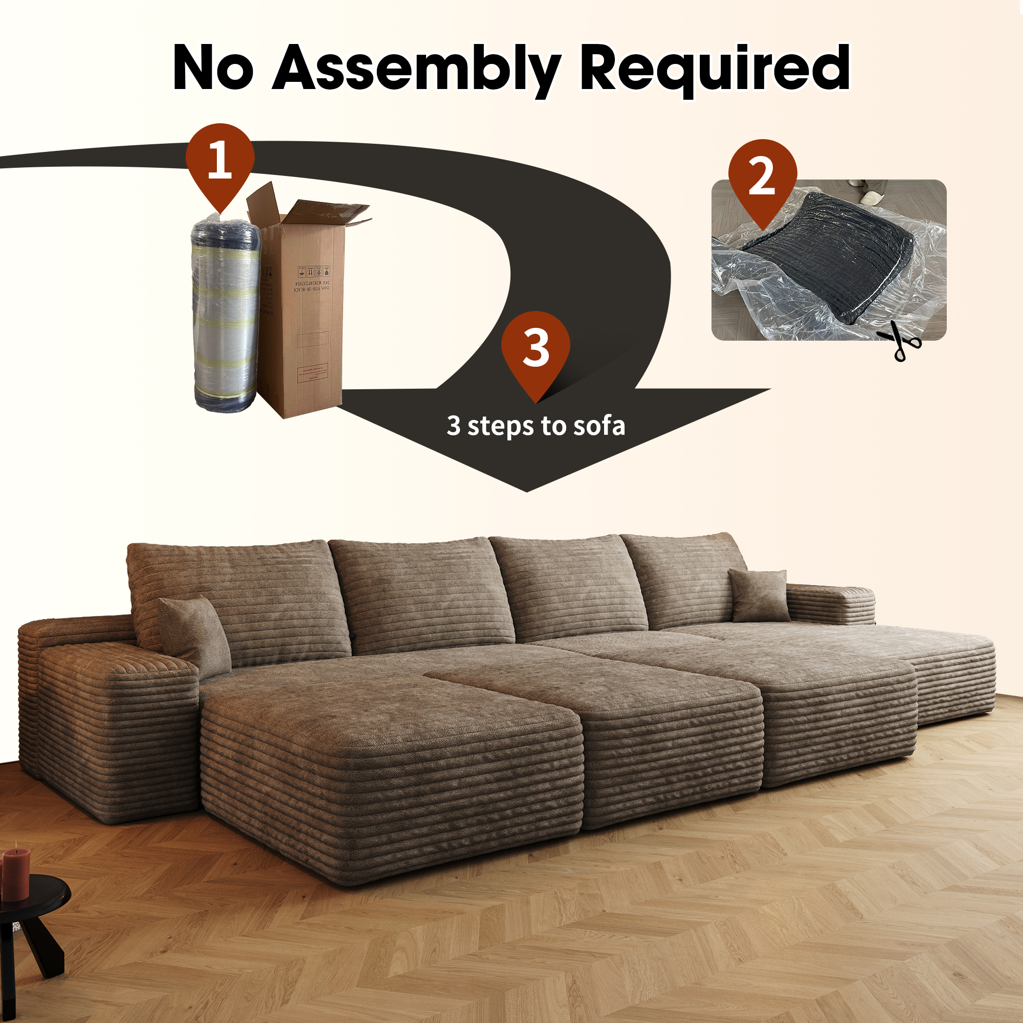 135"Large size modular cloud sofa 6 seats down sofa bed apartment living room sofa ,No Assembly Required,Camel(Plush Corduroy Fabric) - Image 2