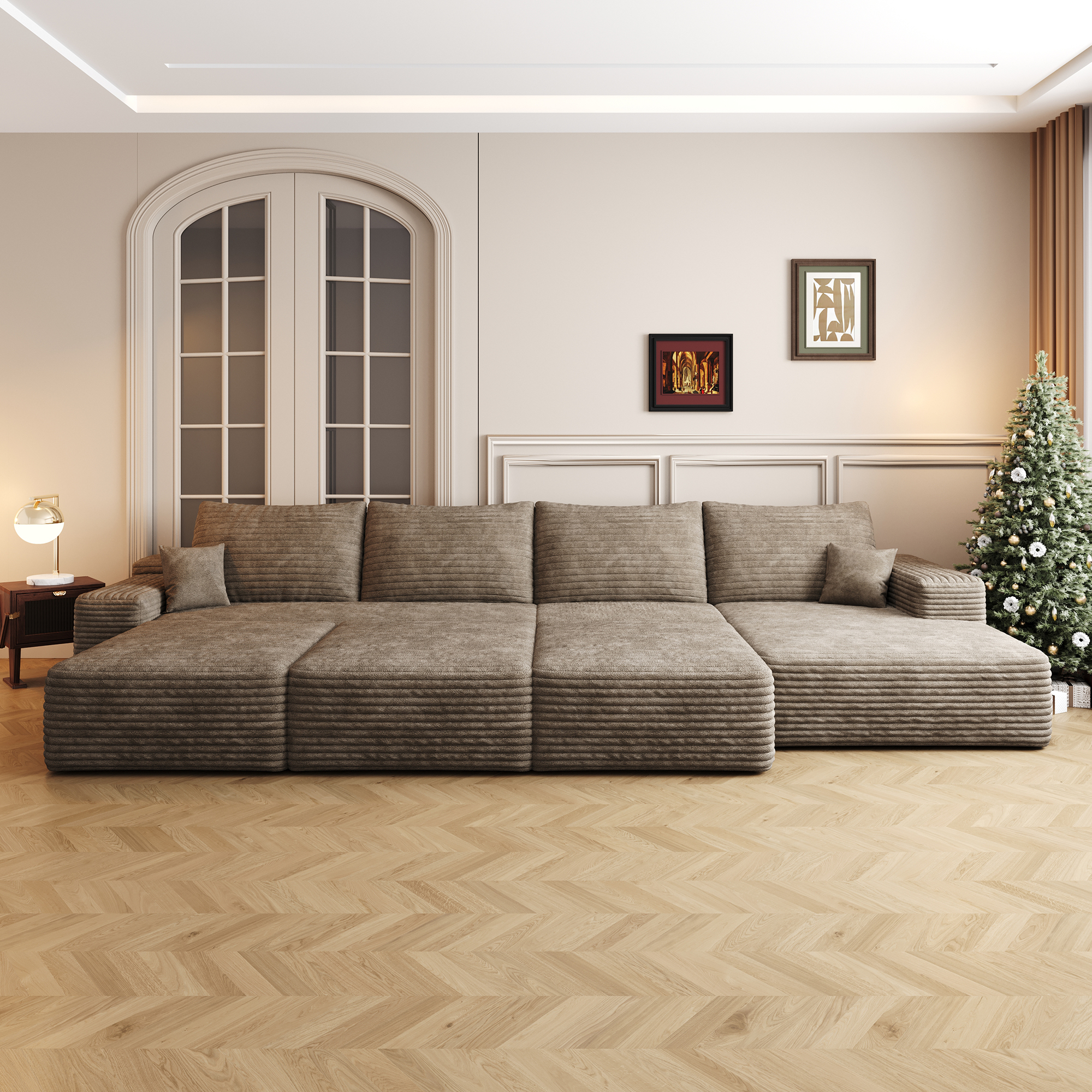 135"Large size modular cloud sofa 6 seats down sofa bed apartment living room sofa ,No Assembly Required,Camel(Plush Corduroy Fabric) - Image 3
