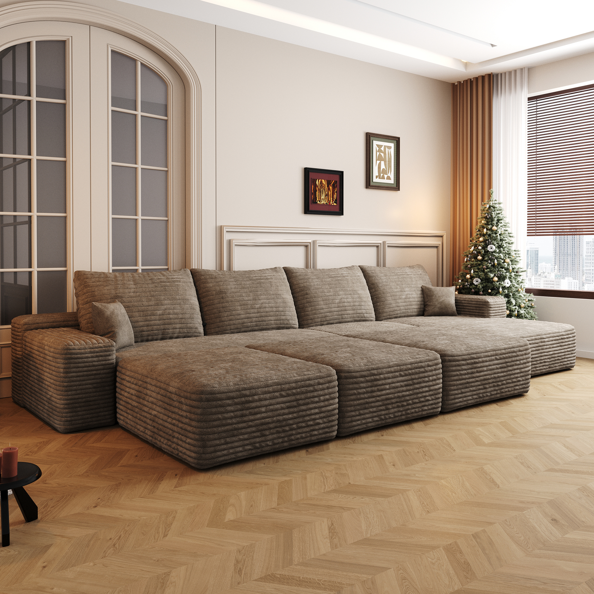 135"Large size modular cloud sofa 6 seats down sofa bed apartment living room sofa ,No Assembly Required,Camel(Plush Corduroy Fabric) - Image 4