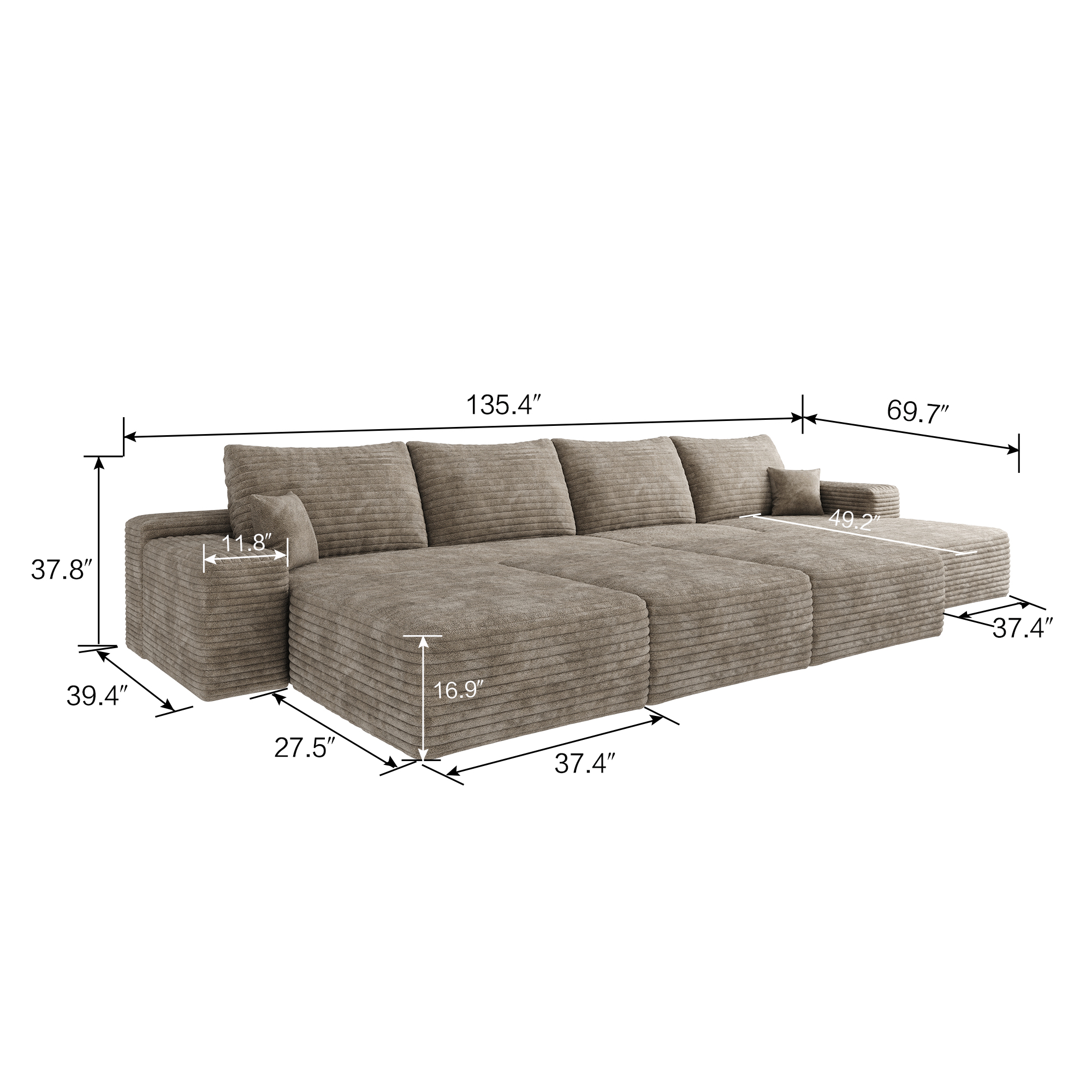 135"Large size modular cloud sofa 6 seats down sofa bed apartment living room sofa ,No Assembly Required,Camel(Plush Corduroy Fabric) - Image 5