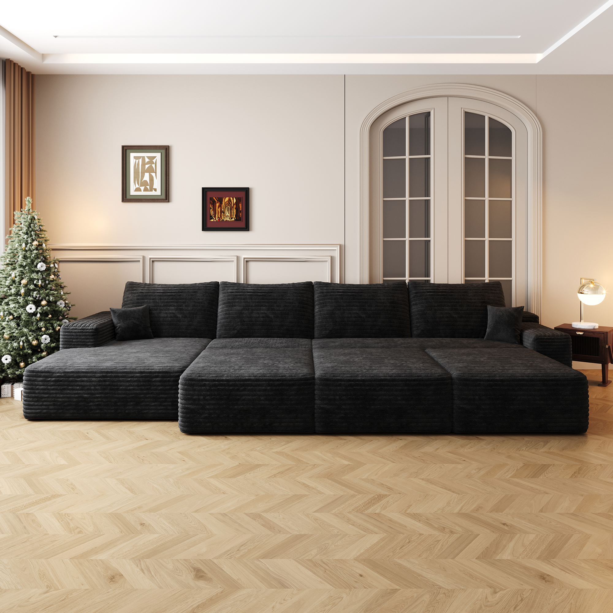 135"Large size modular cloud sofa 6 seats down sofa bed apartment living room sofa ,No Assembly Required,Black(Plush Corduroy Fabric) - Image 2