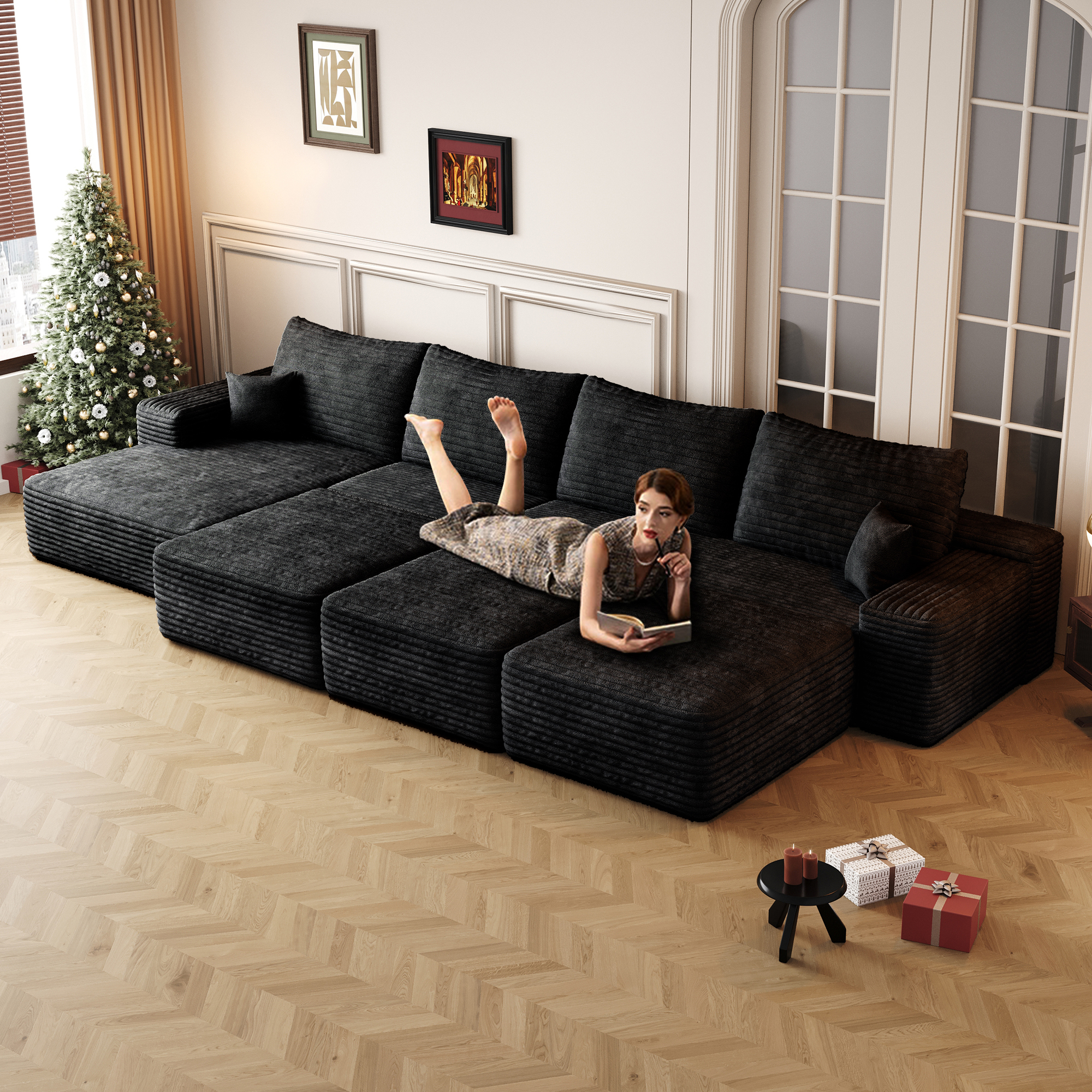 135"Large size modular cloud sofa 6 seats down sofa bed apartment living room sofa ,No Assembly Required,Black(Plush Corduroy Fabric) - Image 3