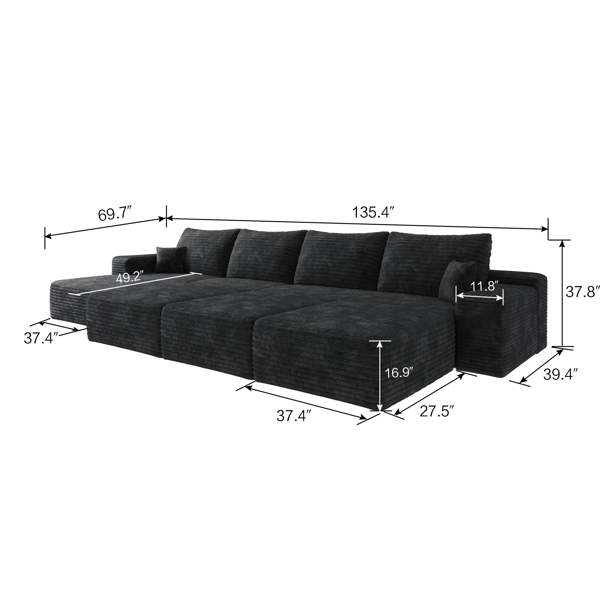 135"Large size modular cloud sofa 6 seats down sofa bed apartment living room sofa ,No Assembly Required,Black(Plush Corduroy Fabric) - Image 6