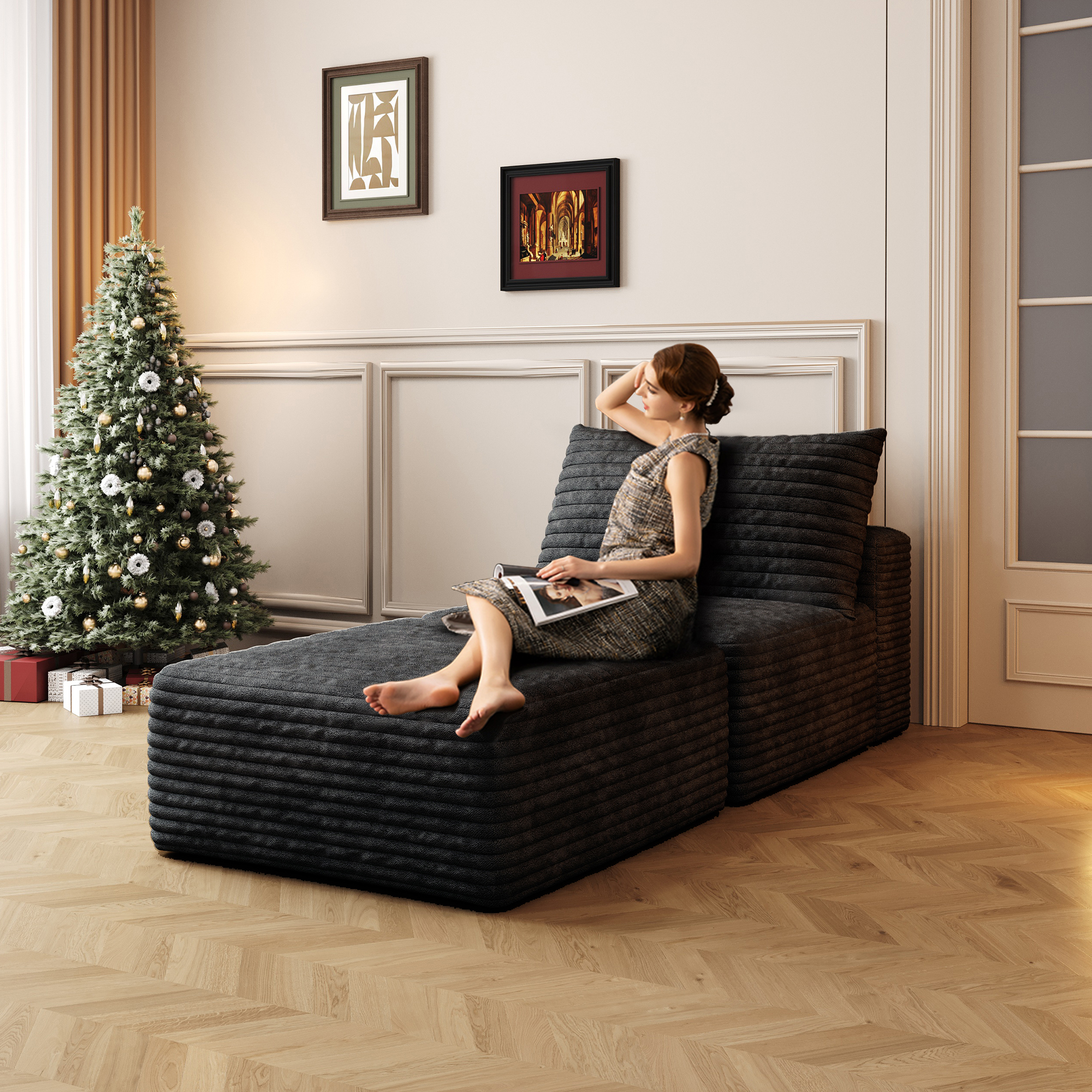 66.9"Sofa Bed, Convertible Sleeper Chair with Pillow,Back Support, Bed Comfy Floor Sofa Lounge for Living Room Bedroom, Single sofa,Black(Plush Corduroy Fabric) - Image 3
