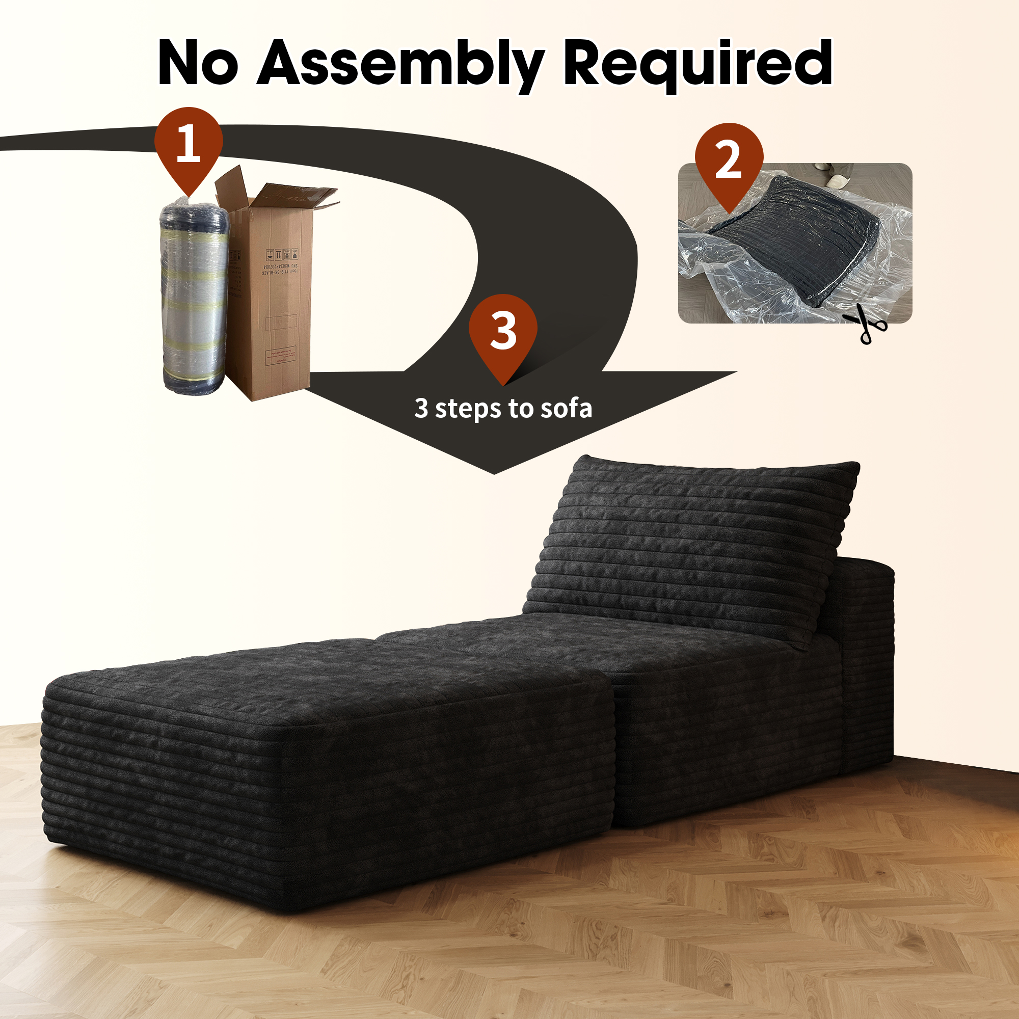 66.9"Sofa Bed, Convertible Sleeper Chair with Pillow,Back Support, Bed Comfy Floor Sofa Lounge for Living Room Bedroom, Single sofa,Black(Plush Corduroy Fabric) - Image 5