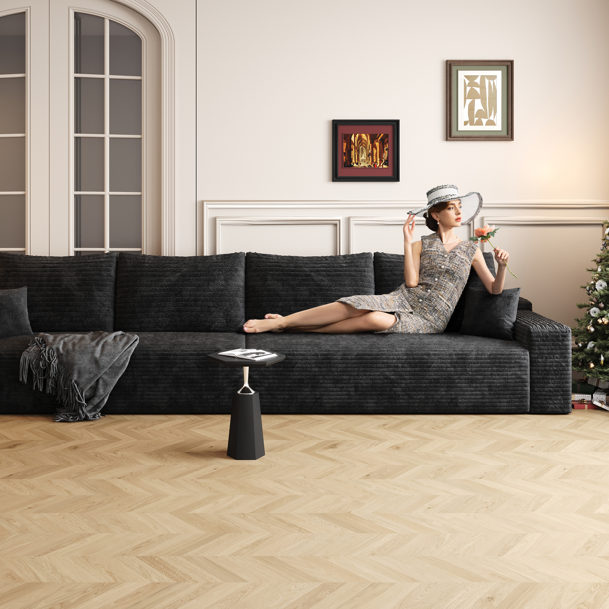 140" Cloud Sectional Couch,Modern Modular Sofa with Deep Seat, Upholstered Couches for Living Room Bedroom,No Assembly Required,Black (Plush Corduroy Fabric) - Image 3