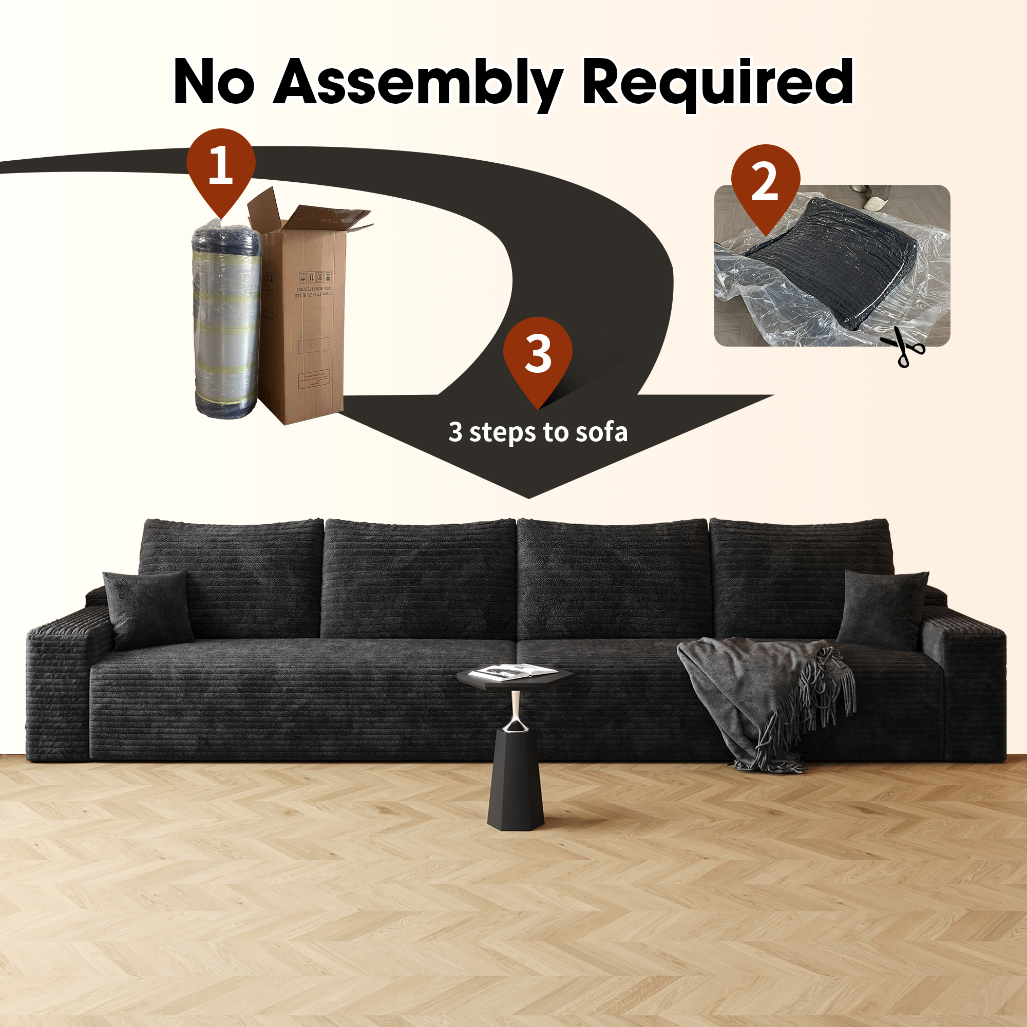 140" Cloud Sectional Couch,Modern Modular Sofa with Deep Seat, Upholstered Couches for Living Room Bedroom,No Assembly Required,Black (Plush Corduroy Fabric) - Image 5