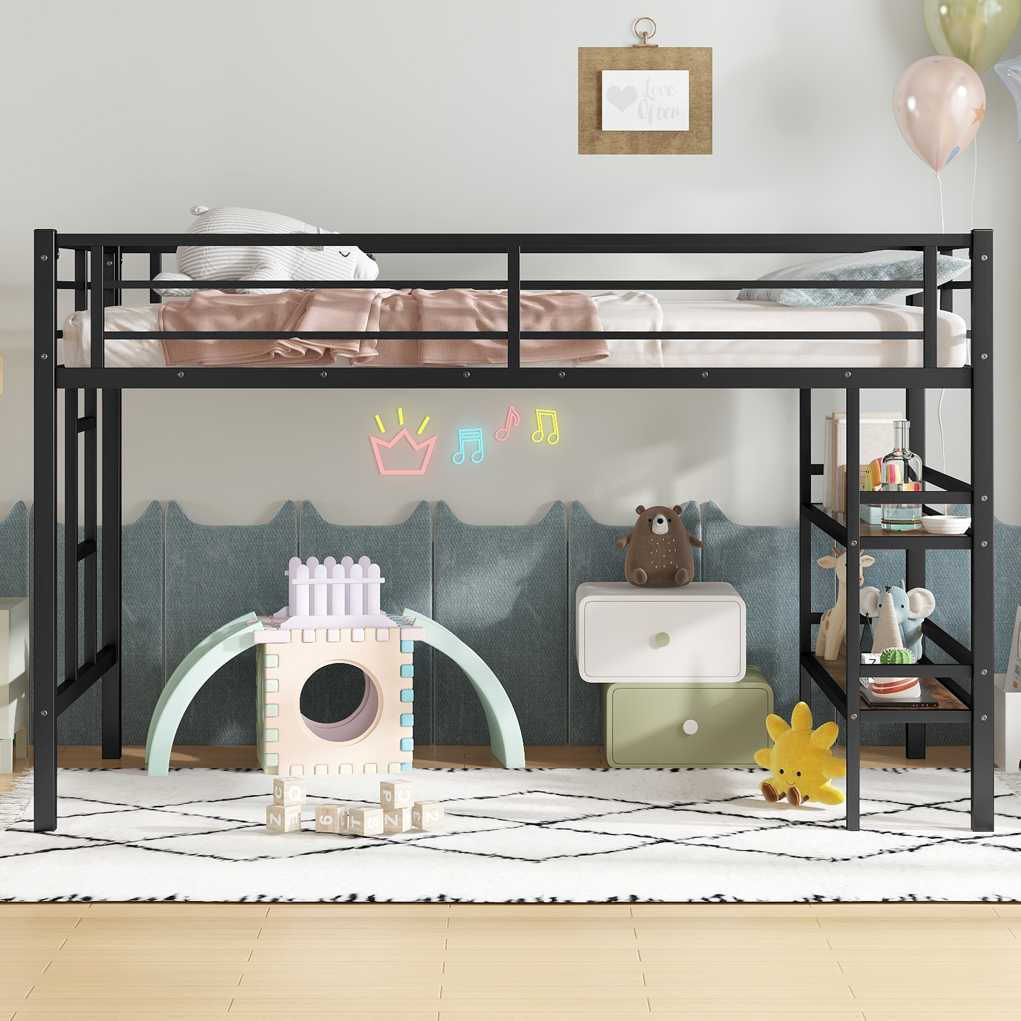 Twin Size Metal Loft Bed with Storage Shelf, Loft Bed with Easy Climbing Ladder and Guardrails for Kids, Black - Image 2