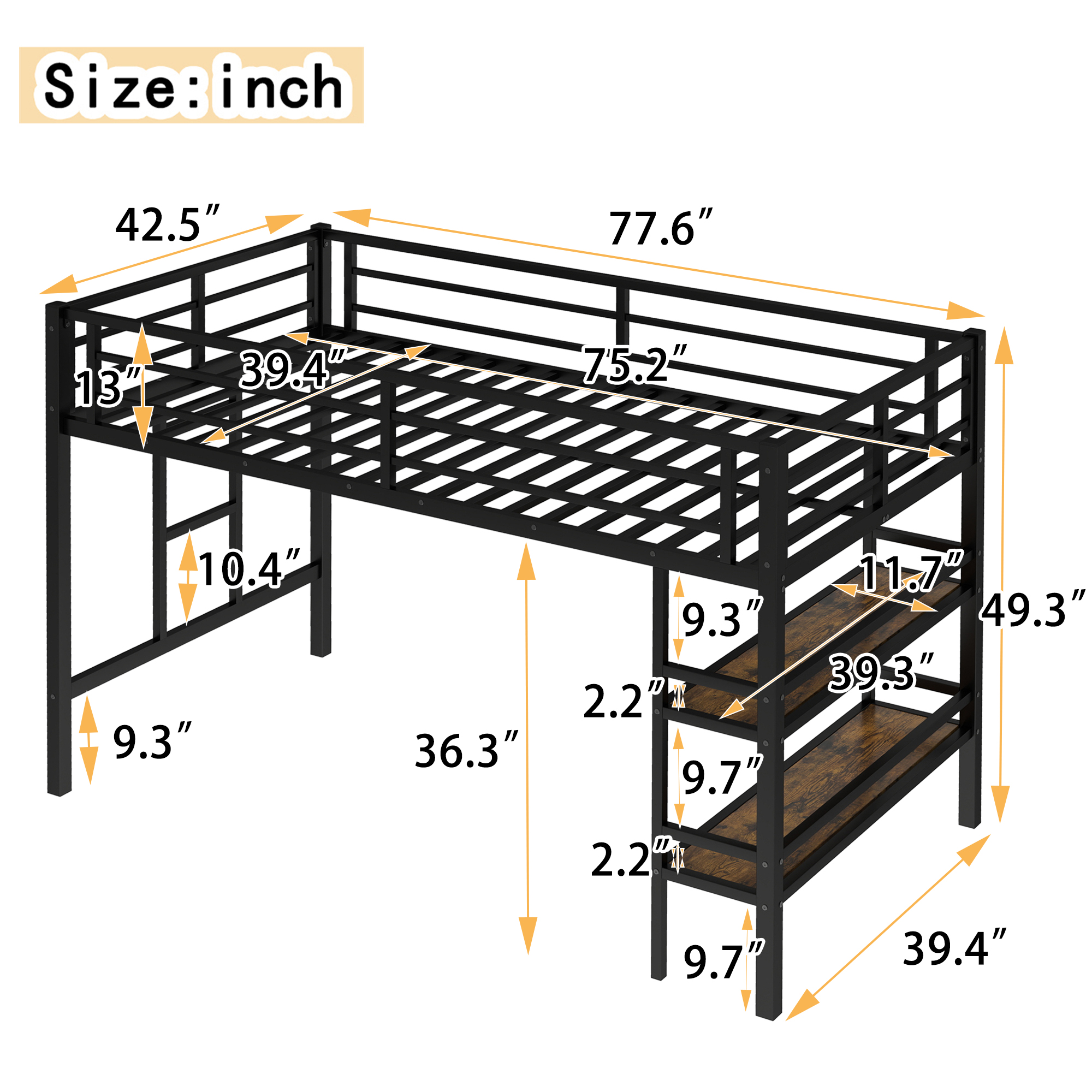 Twin Size Metal Loft Bed with Storage Shelf, Loft Bed with Easy Climbing Ladder and Guardrails for Kids, Black - Image 3