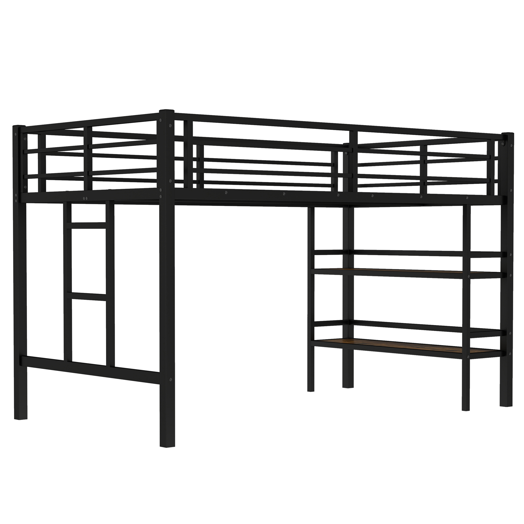 Twin Size Metal Loft Bed with Storage Shelf, Loft Bed with Easy Climbing Ladder and Guardrails for Kids, Black - Image 4