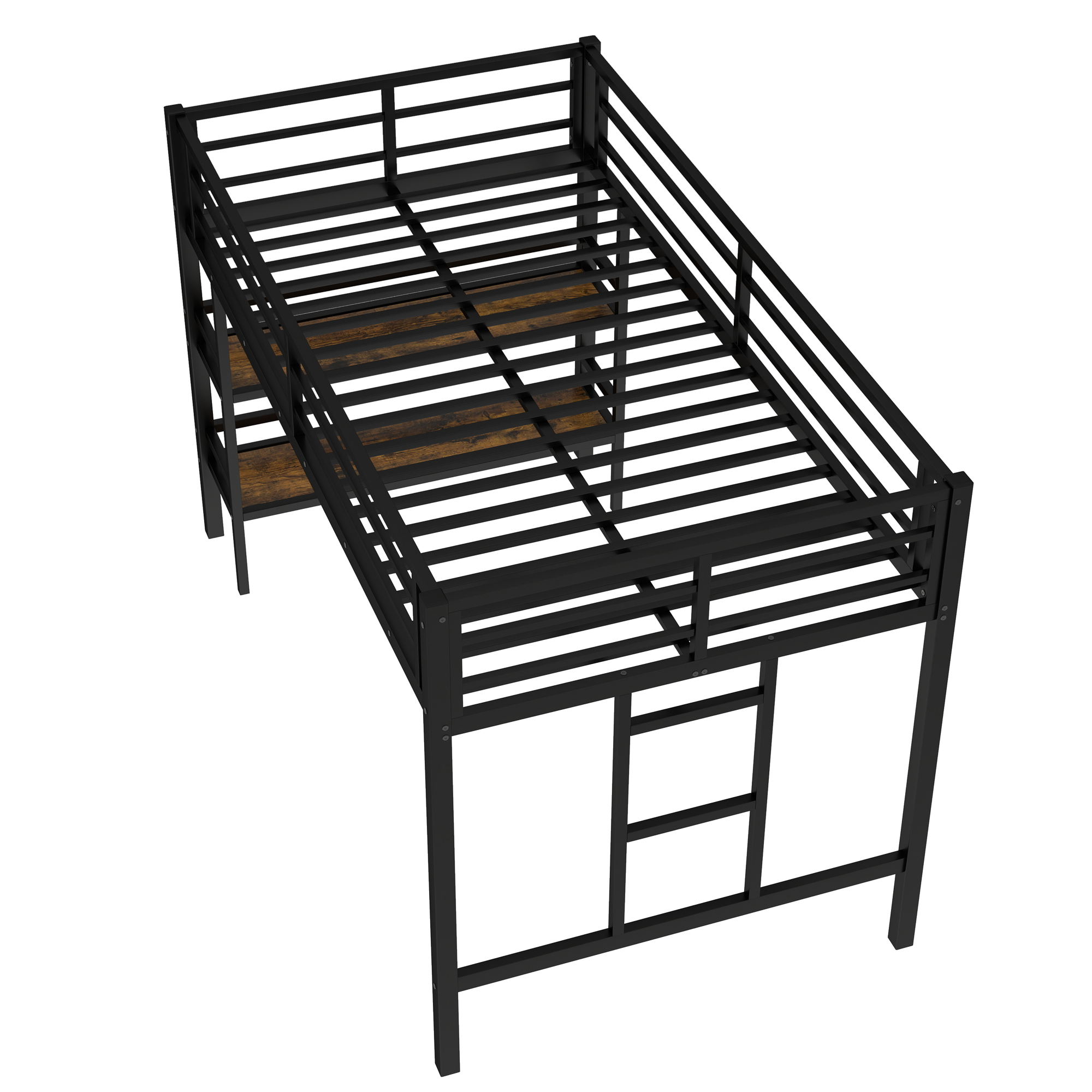 Twin Size Metal Loft Bed with Storage Shelf, Loft Bed with Easy Climbing Ladder and Guardrails for Kids, Black - Image 6