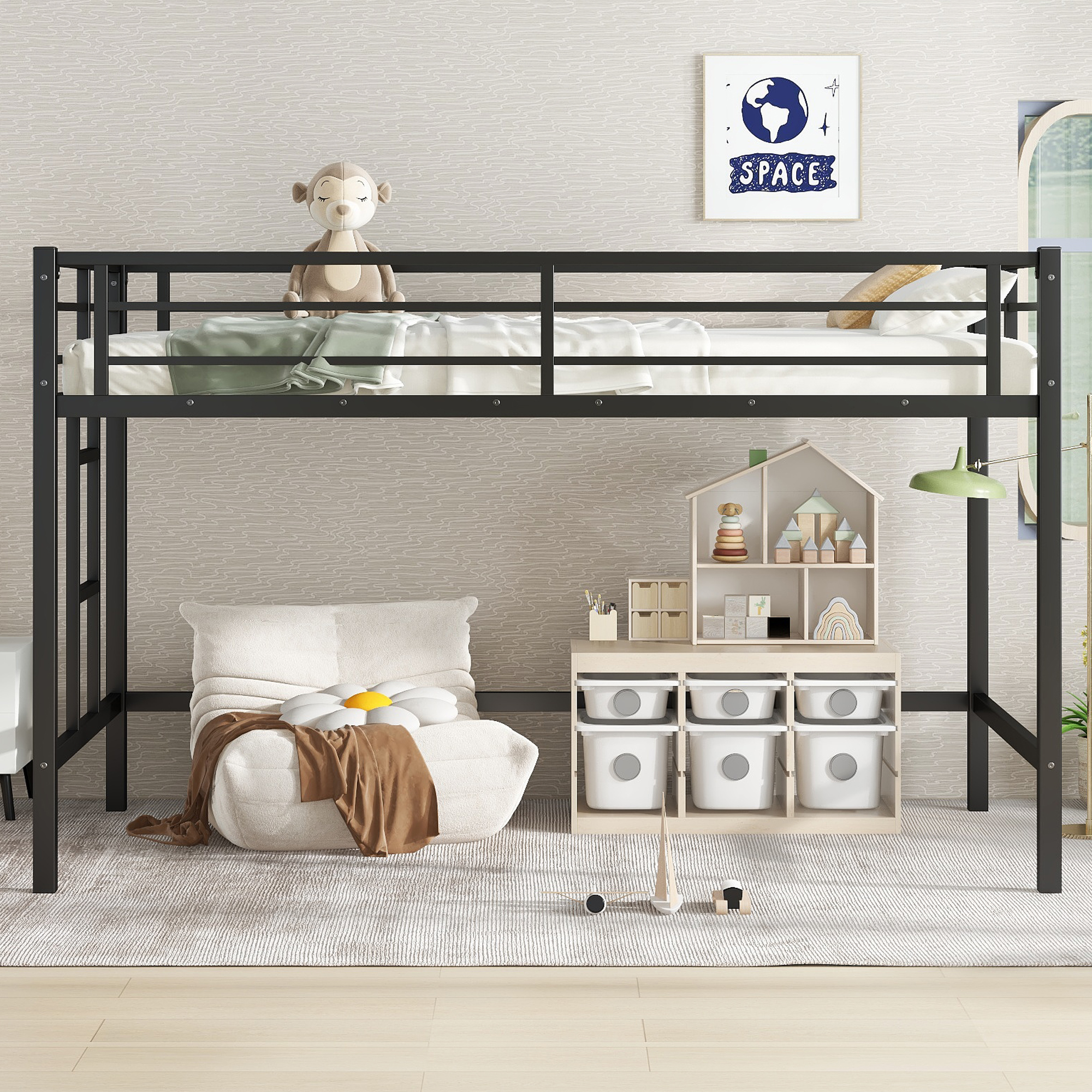 Twin Size Metal Loft Bed, Loft Bed with Easy Climbing Ladder and Guardrails for Kids, Black - Image 2