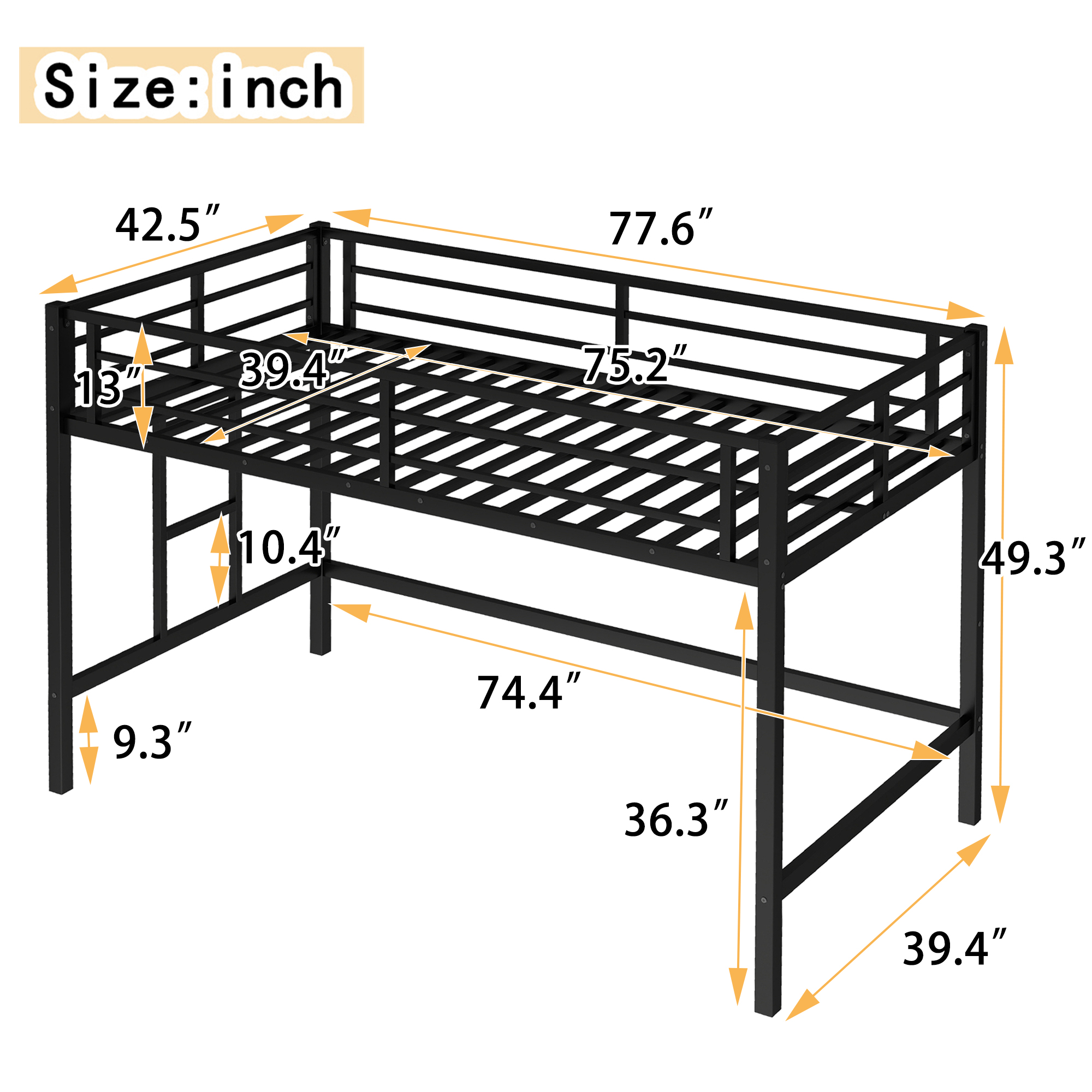 Twin Size Metal Loft Bed, Loft Bed with Easy Climbing Ladder and Guardrails for Kids, Black - Image 3
