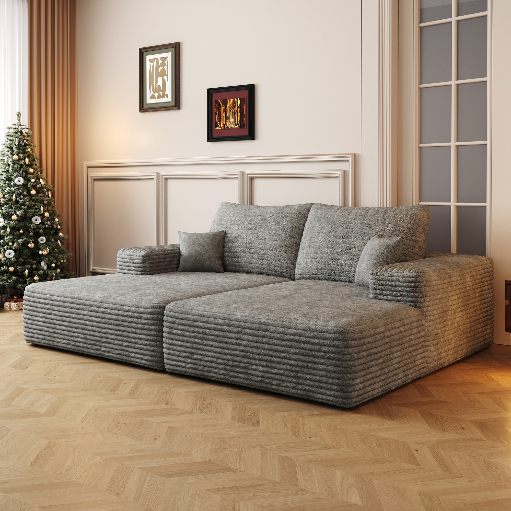 74.8" Modern Sofa bed With Dual sleeper, lounger for moviebonus room,No Assembly Required,Grey (Plush Corduroy Fabric) - Image 2