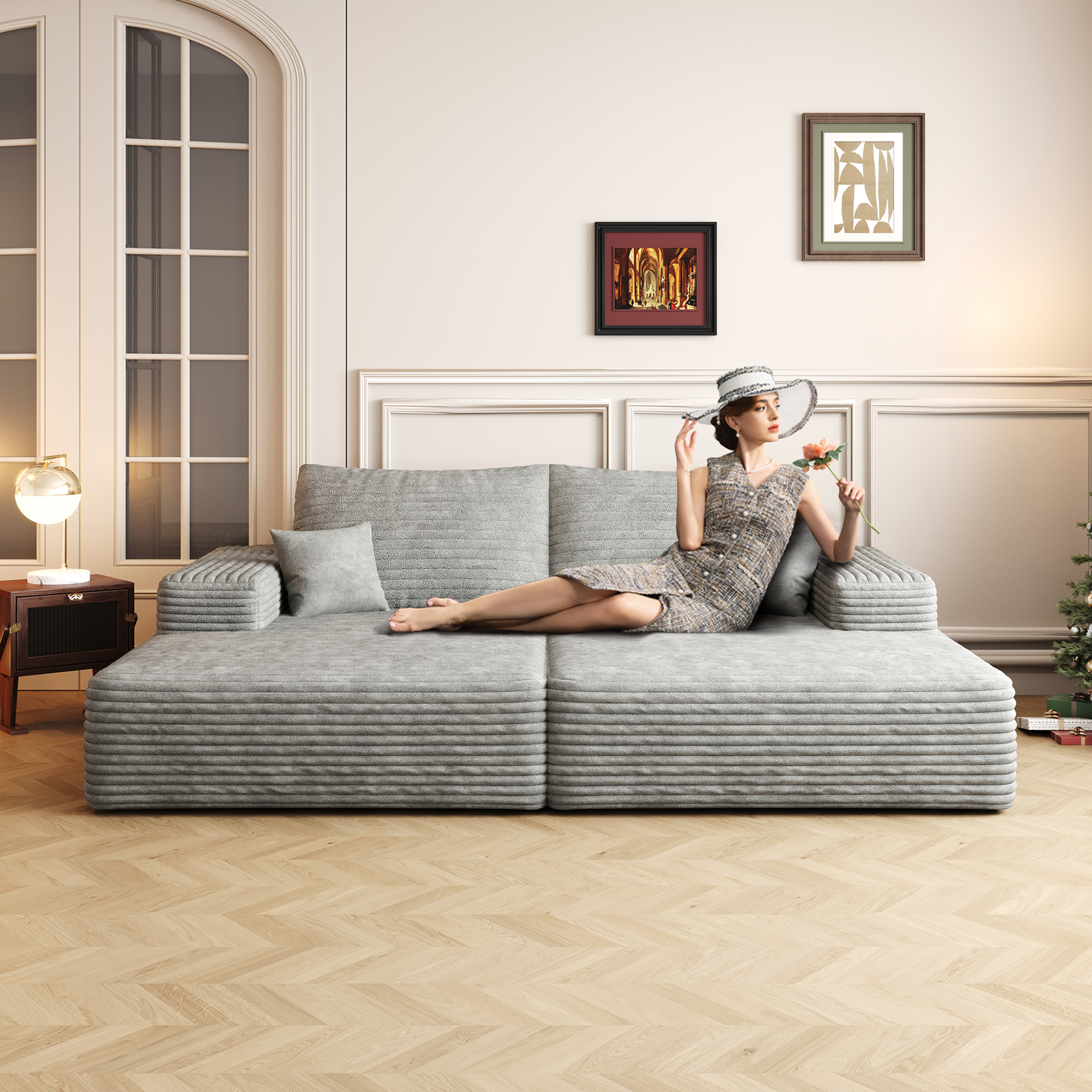 74.8" Modern Sofa bed With Dual sleeper, lounger for moviebonus room,No Assembly Required,Grey (Plush Corduroy Fabric) - Image 3