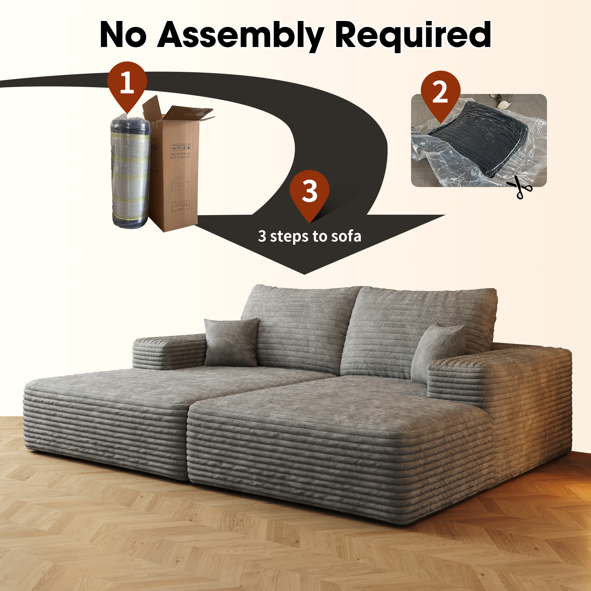 74.8" Modern Sofa bed With Dual sleeper, lounger for moviebonus room,No Assembly Required,Grey (Plush Corduroy Fabric) - Image 5