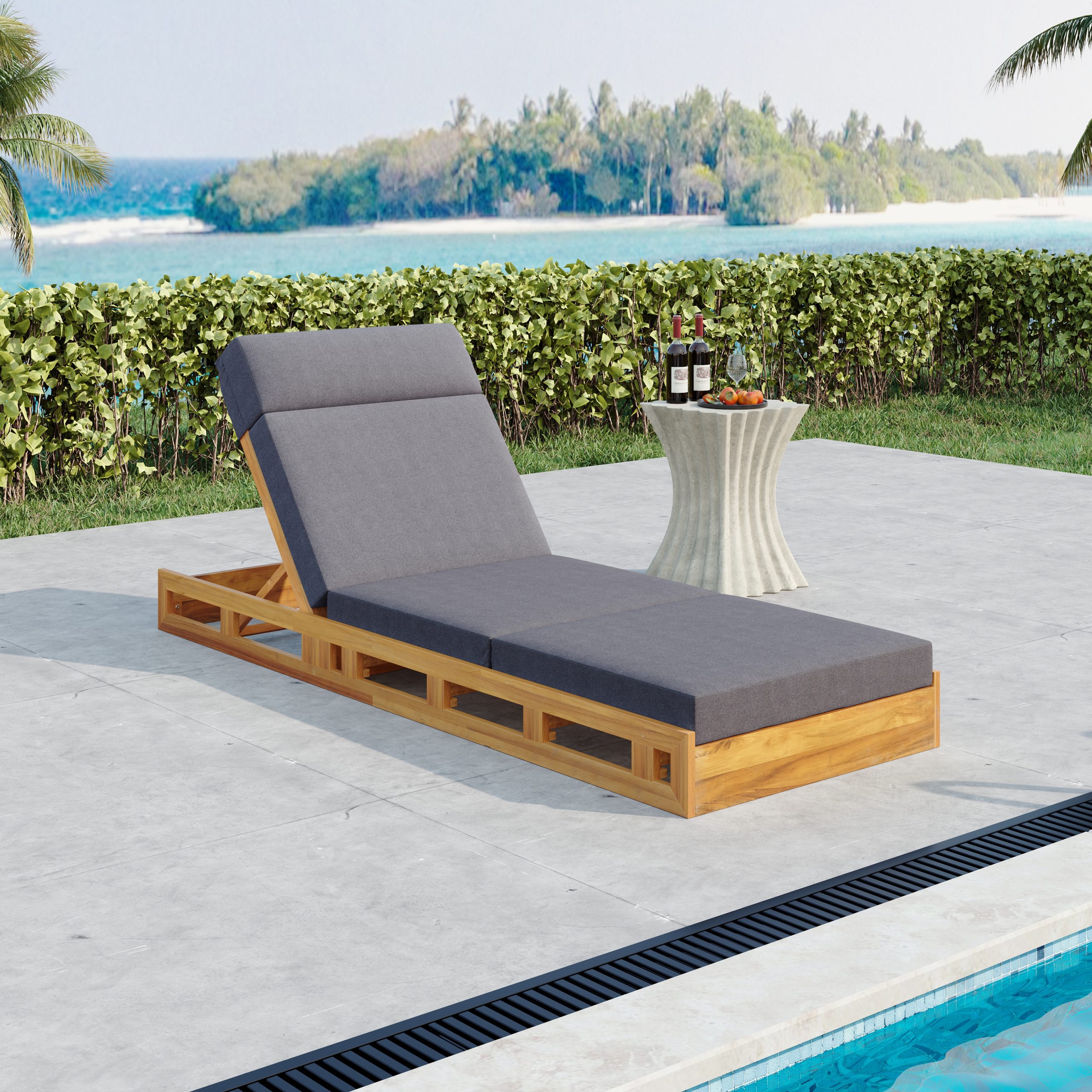LOUNGE CHAISE SET WITH HEADREST, ACACIA WOOD WITH WATER-RESISTANT LOUNGE CUSHIONS (DARK GREY & 3-FOLD & 4 inch) - MATCHING CREAM/BEIGE VERSION AVAILABLE - Image 4