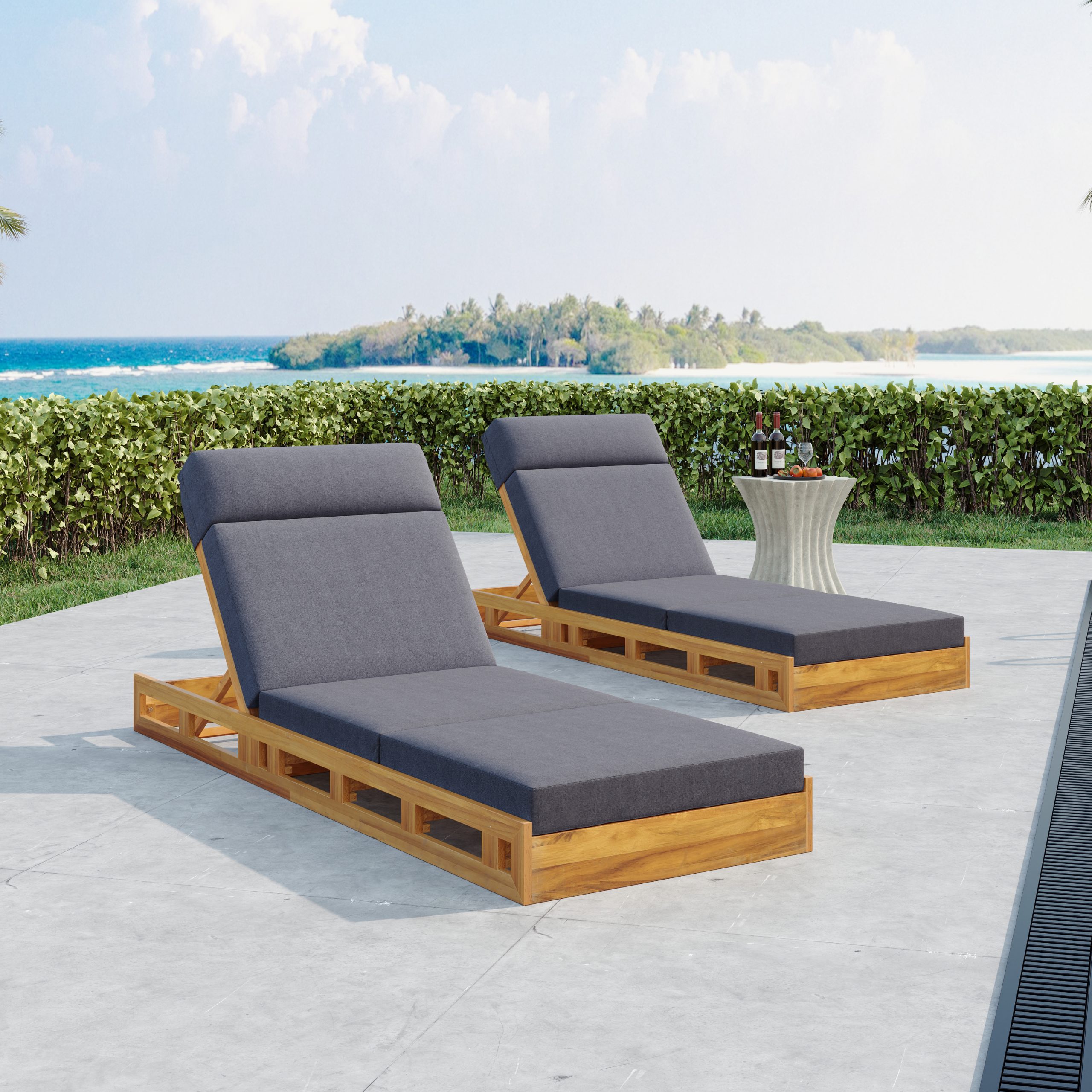 LOUNGE CHAISE SET WITH HEADREST, ACACIA WOOD WITH WATER-RESISTANT LOUNGE CUSHIONS (DARK GREY & 3-FOLD & 4 inch) - MATCHING CREAM/BEIGE VERSION AVAILABLE - Image 5