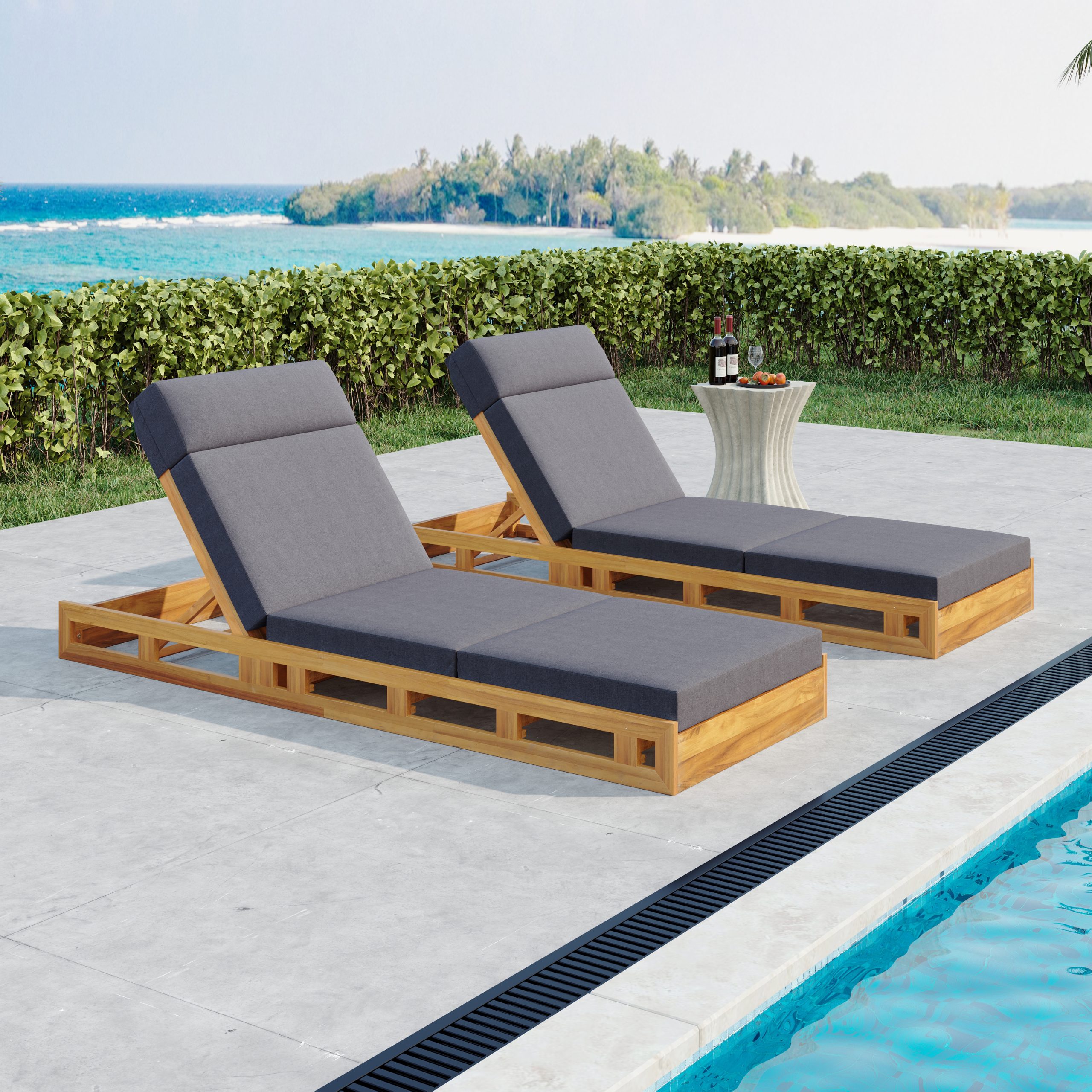LOUNGE CHAISE SET WITH HEADREST, ACACIA WOOD WITH WATER-RESISTANT LOUNGE CUSHIONS (DARK GREY & 3-FOLD & 4 inch) - MATCHING CREAM/BEIGE VERSION AVAILABLE - Image 6