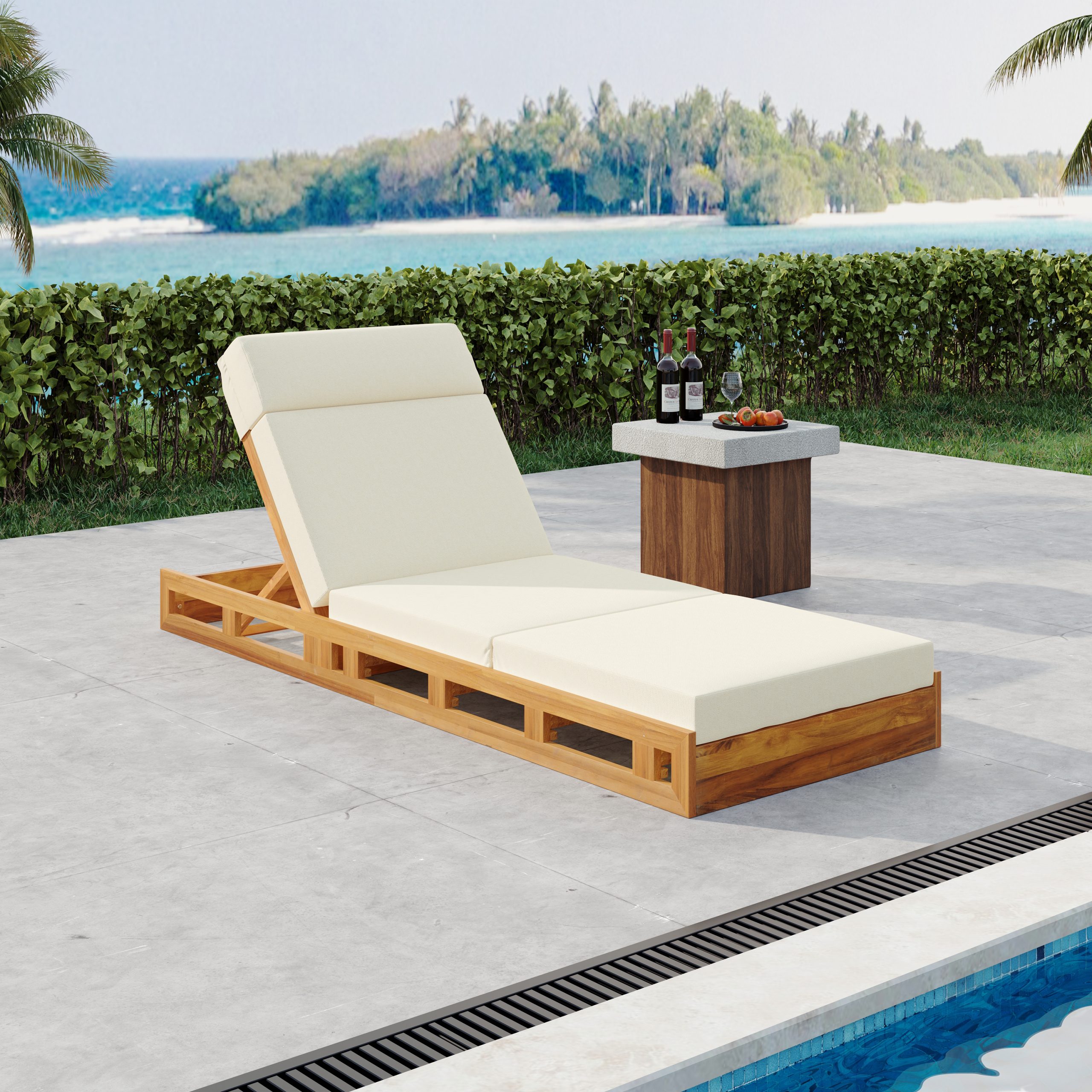 LOUNGE CHAISE SET WITH HEADREST, ACACIA WOOD WITH WATER-RESISTANT LOUNGE CUSHIONS (BEIGE & 3-FOLD & 4 inch) - MATCHING DARK GREY/CREAM VERSION AVAILABLE - Image 4