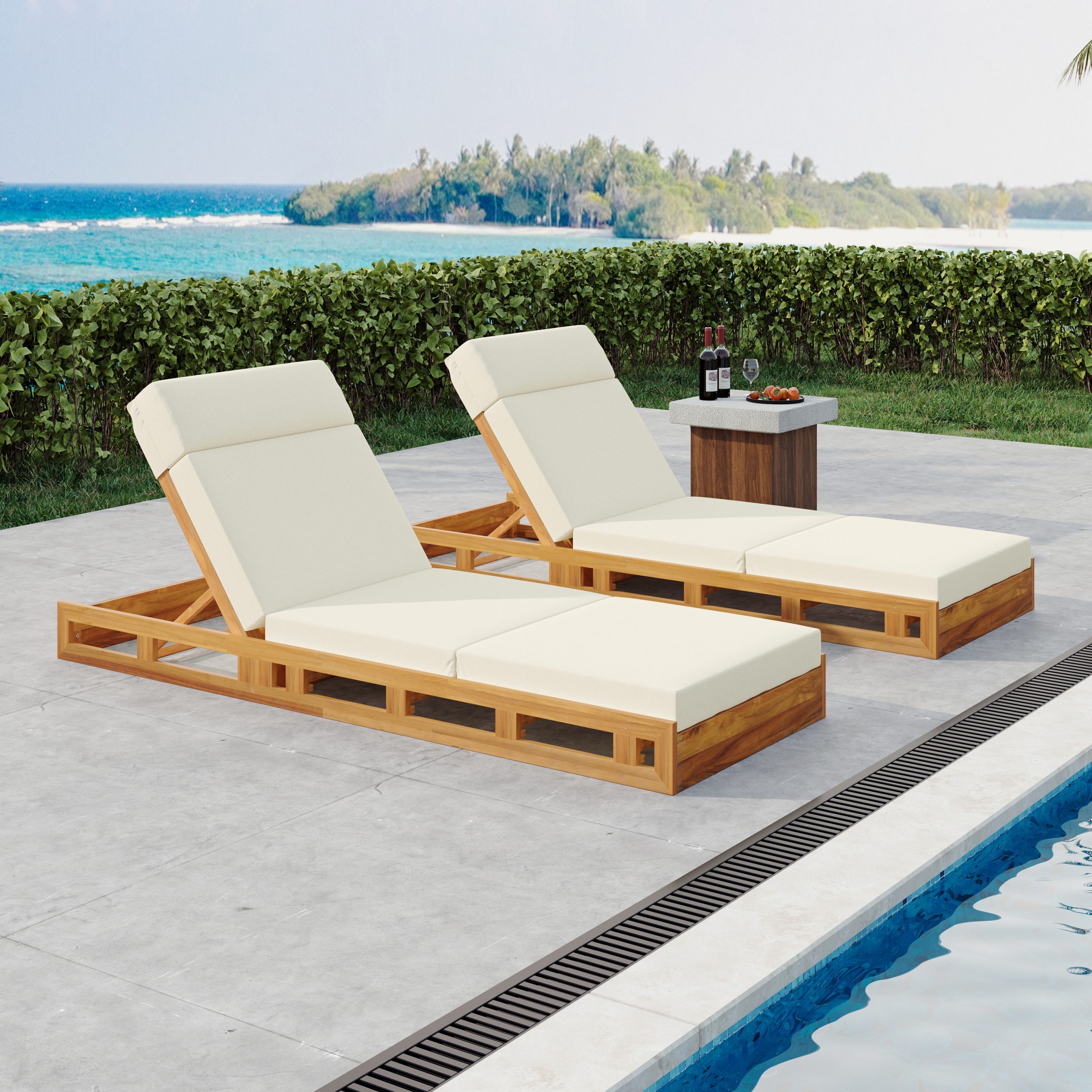 LOUNGE CHAISE SET WITH HEADREST, ACACIA WOOD WITH WATER-RESISTANT LOUNGE CUSHIONS (BEIGE & 3-FOLD & 4 inch) - MATCHING DARK GREY/CREAM VERSION AVAILABLE - Image 5