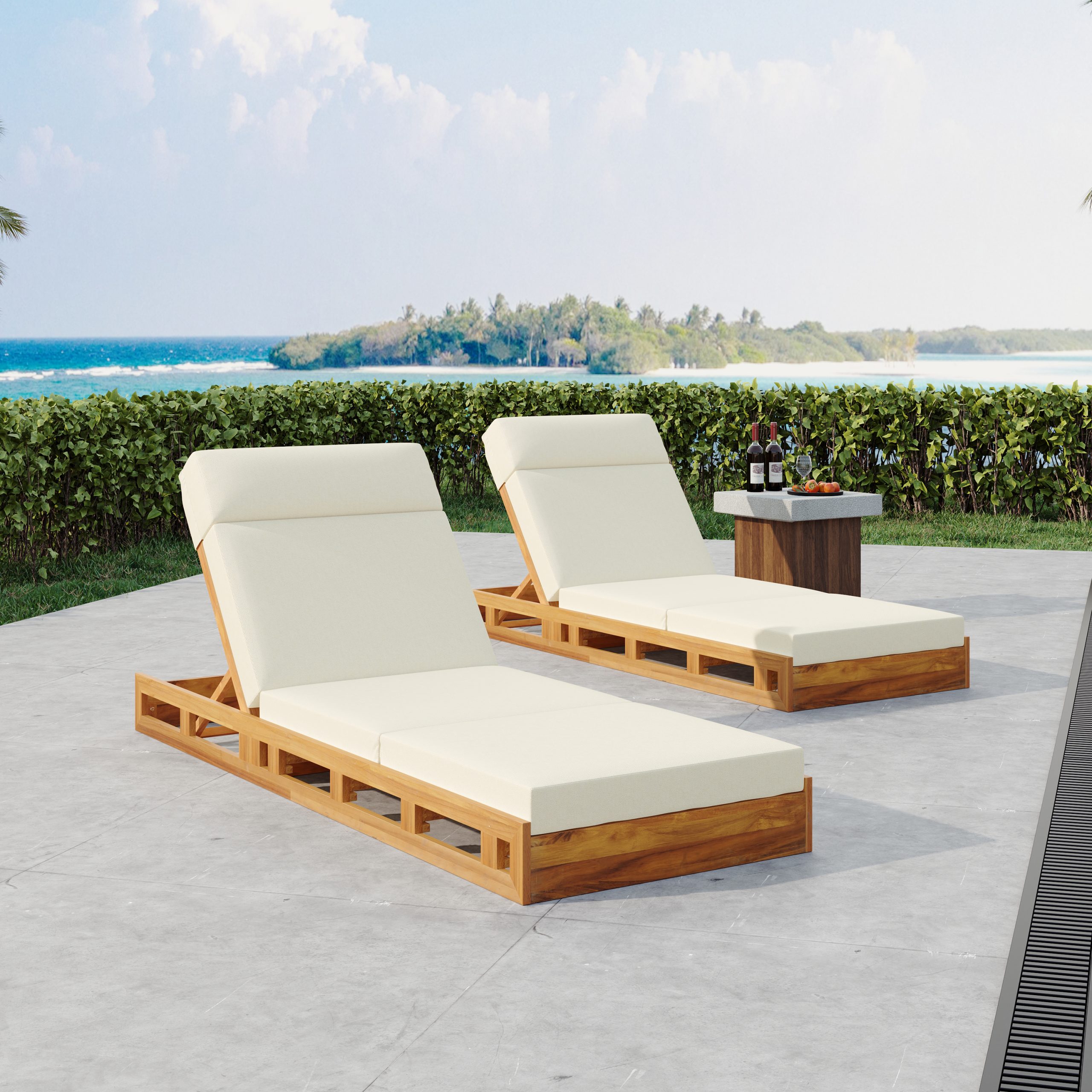 LOUNGE CHAISE SET WITH HEADREST, ACACIA WOOD WITH WATER-RESISTANT LOUNGE CUSHIONS (BEIGE & 3-FOLD & 4 inch) - MATCHING DARK GREY/CREAM VERSION AVAILABLE - Image 6