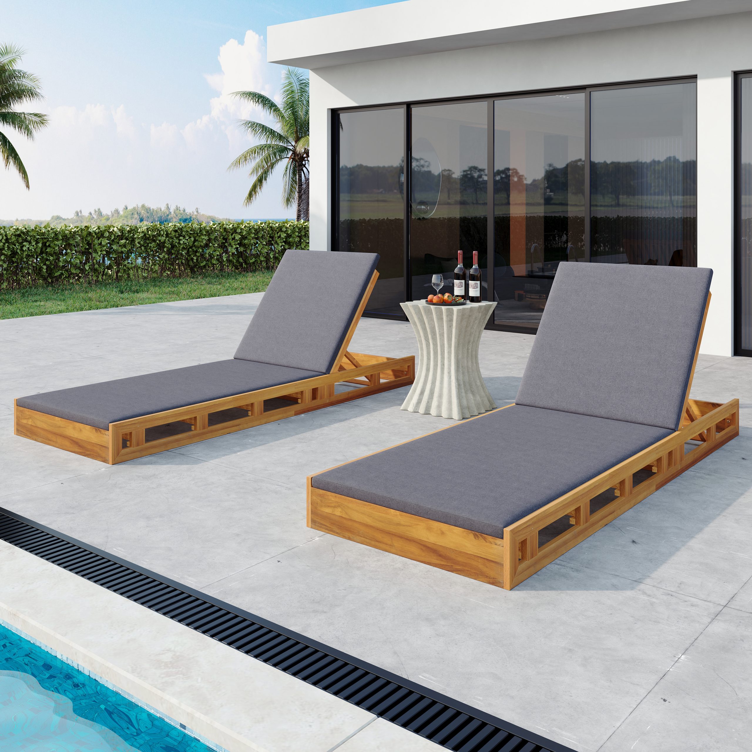 LOUNGE CHAISE SET,ACACIA WOOD WITH WATER-RESISTANT LOUNGE CUSHIONS (Dark Grey/ & 2 INCH THICK) - MATCHING CREAM/LEAF COCONUT VERSION AVAILABLE - Image 5