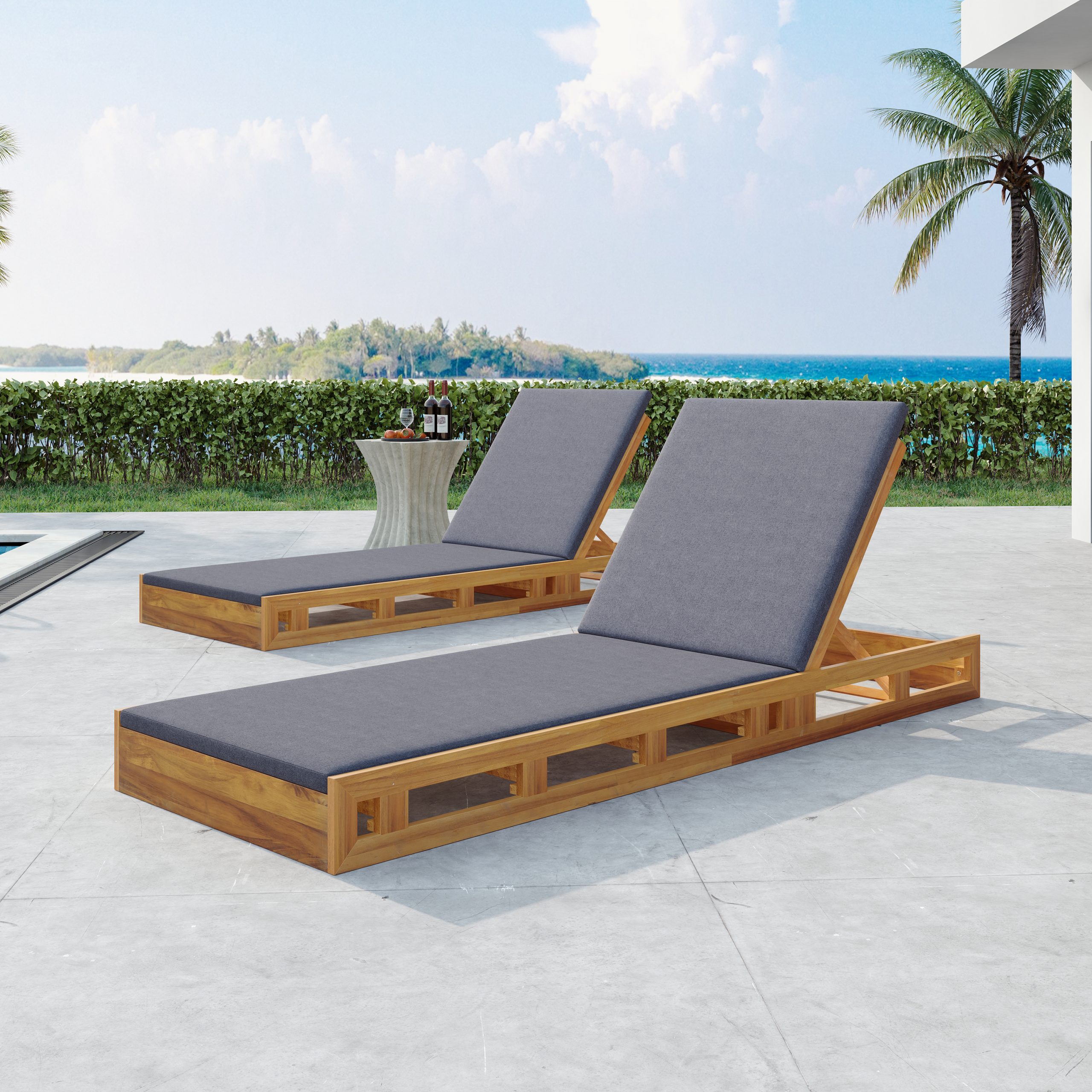 LOUNGE CHAISE SET,ACACIA WOOD WITH WATER-RESISTANT LOUNGE CUSHIONS (Dark Grey/ & 2 INCH THICK) - MATCHING CREAM/LEAF COCONUT VERSION AVAILABLE - Image 6