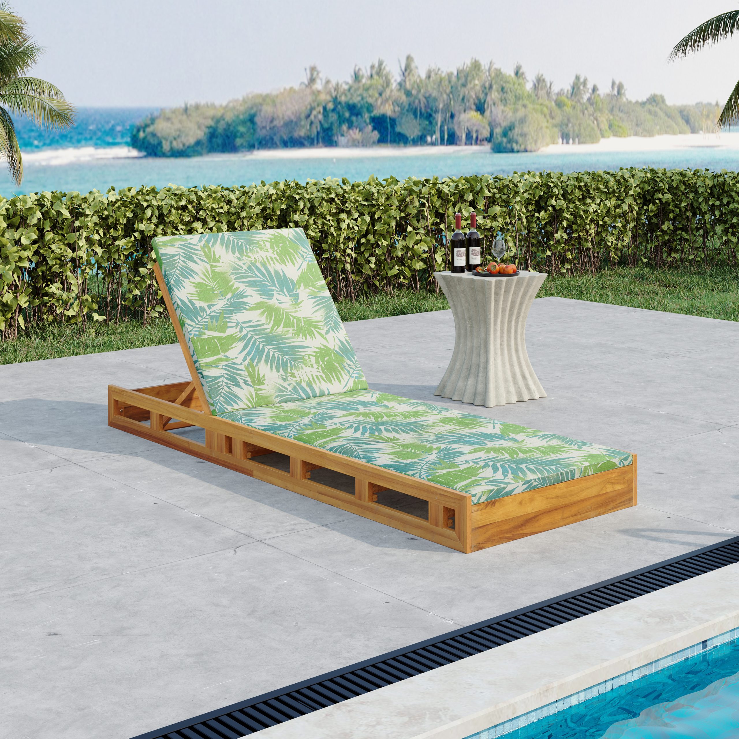 LOUNGE CHAISE SET, ACACIA WOOD WITH WATER-RESISTANT LOUNGE CUSHIONS (LEAF COCONUT & 2 INCH THICK) - MATCHING CREAM/Dark Grey VERSION AVAILABLE - Image 4
