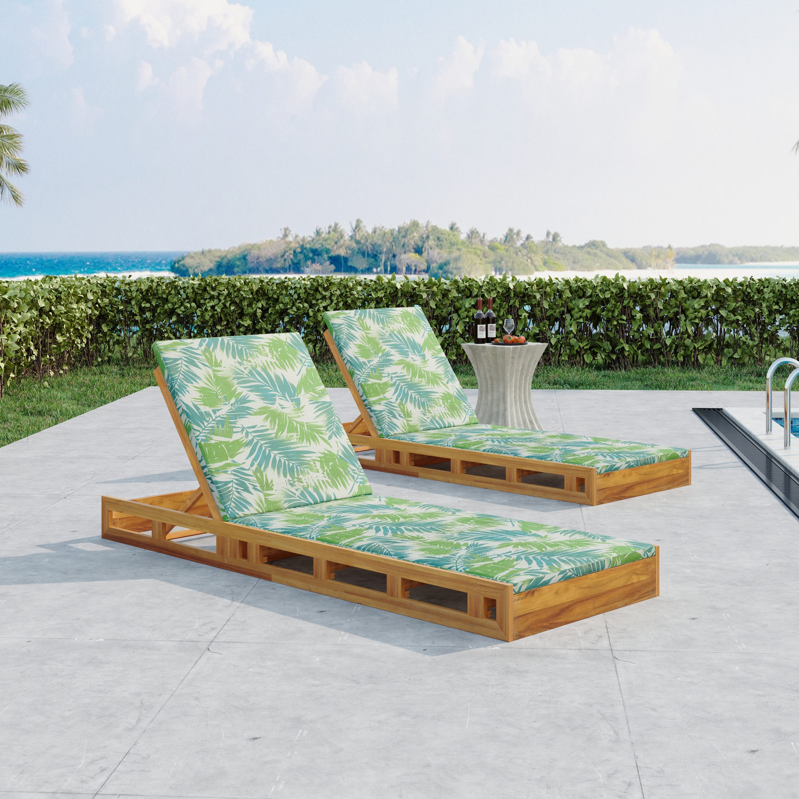 LOUNGE CHAISE SET, ACACIA WOOD WITH WATER-RESISTANT LOUNGE CUSHIONS (LEAF COCONUT & 2 INCH THICK) - MATCHING CREAM/Dark Grey VERSION AVAILABLE - Image 5