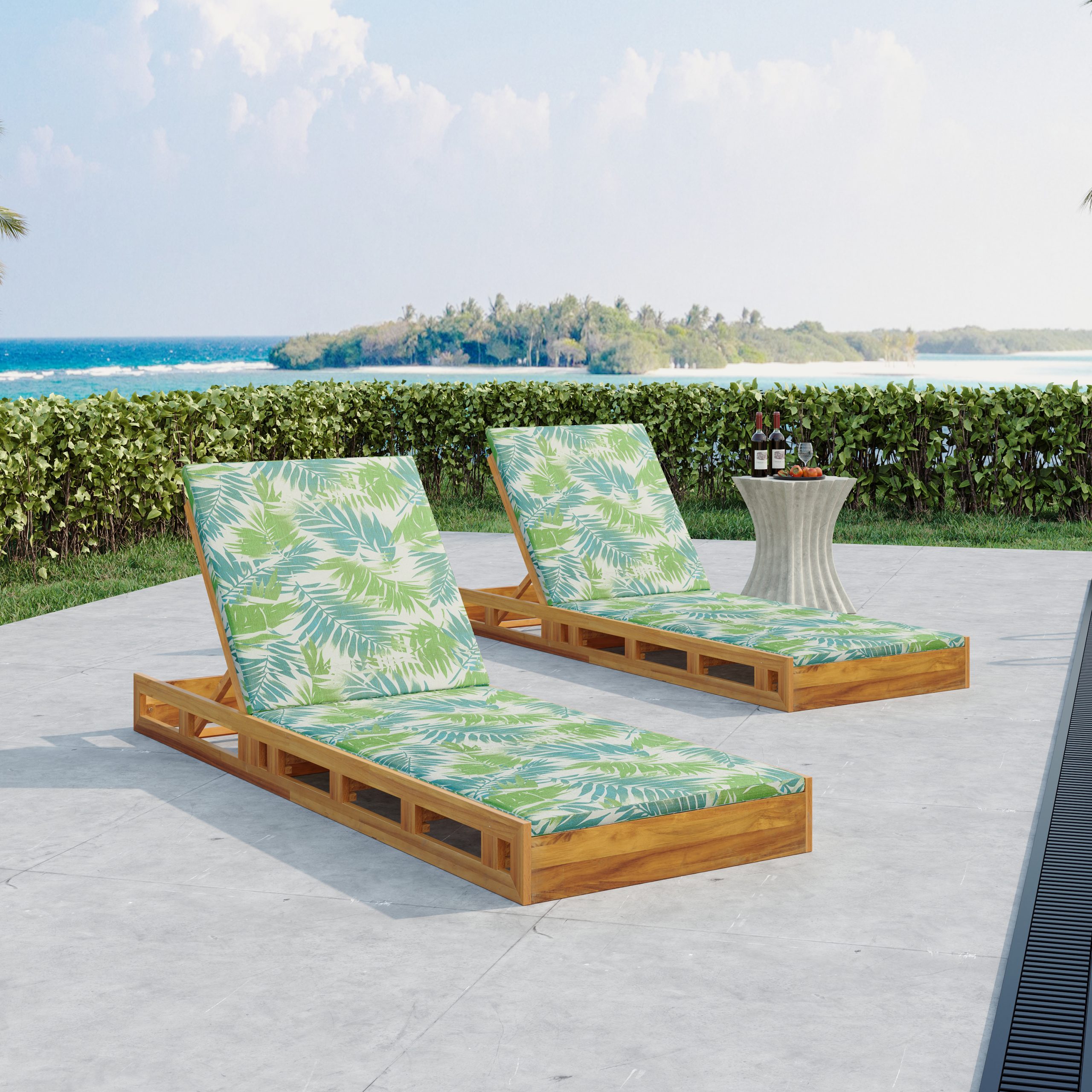LOUNGE CHAISE SET, ACACIA WOOD WITH WATER-RESISTANT LOUNGE CUSHIONS (LEAF COCONUT & 2 INCH THICK) - MATCHING CREAM/Dark Grey VERSION AVAILABLE - Image 6