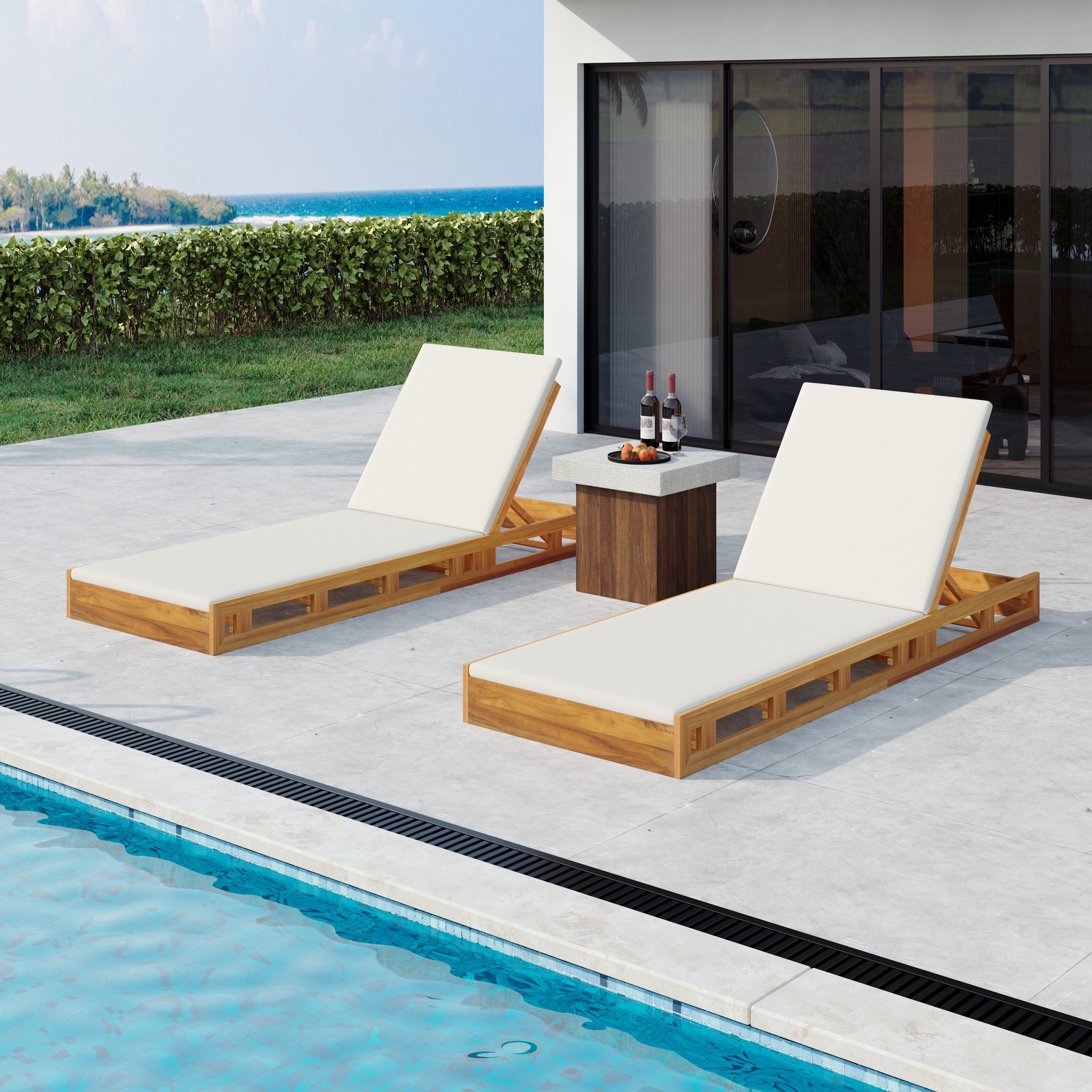 LOUNGE CHAISE SET,ACACIA WOOD WITH WATER-RESISTANT LOUNGE CUSHIONS (CREAM & 2 INCH THICK) - MATCHING DARK GREY/LEAF COCONUT VERSION AVAILABLE - Image 5