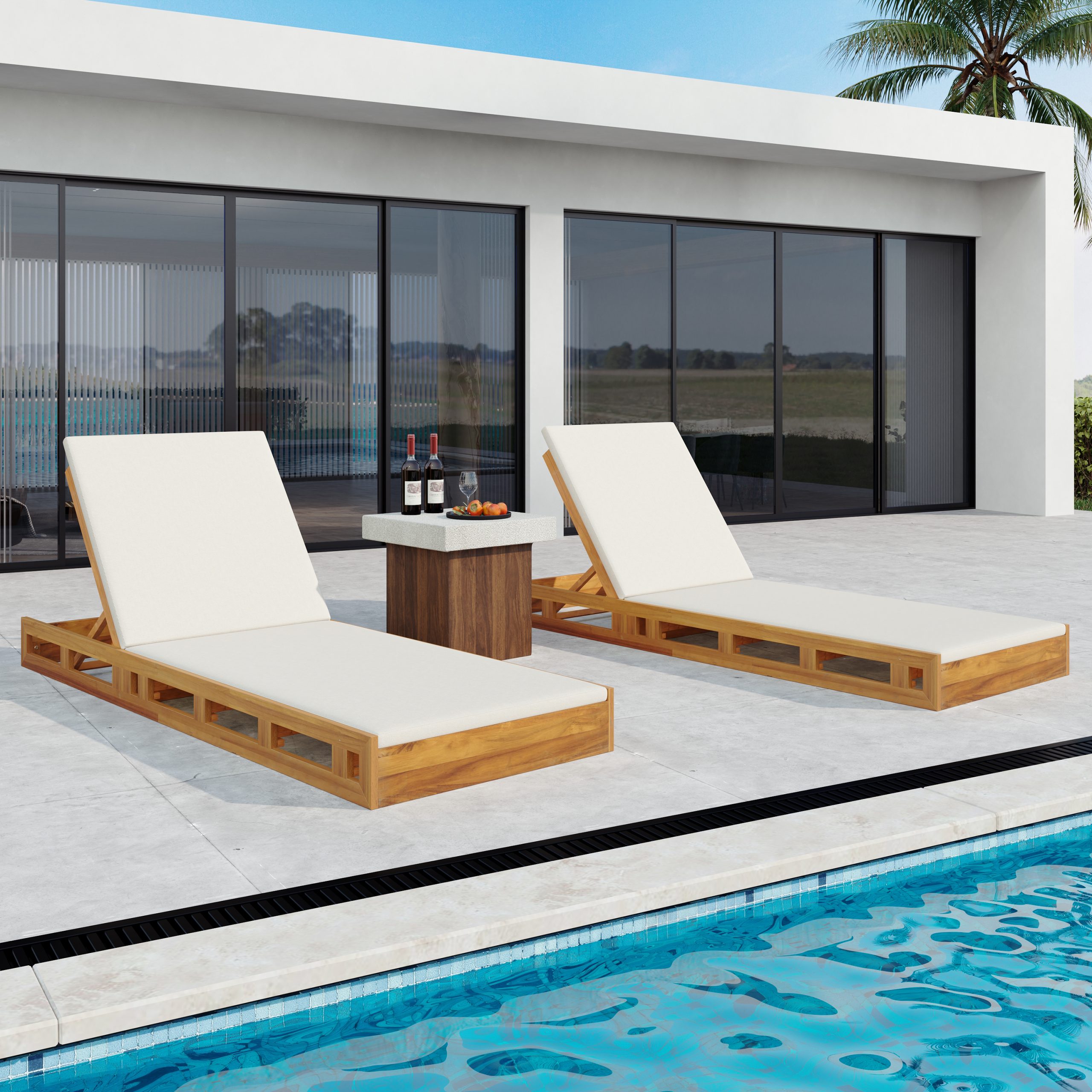LOUNGE CHAISE SET,ACACIA WOOD WITH WATER-RESISTANT LOUNGE CUSHIONS (CREAM & 2 INCH THICK) - MATCHING DARK GREY/LEAF COCONUT VERSION AVAILABLE - Image 6