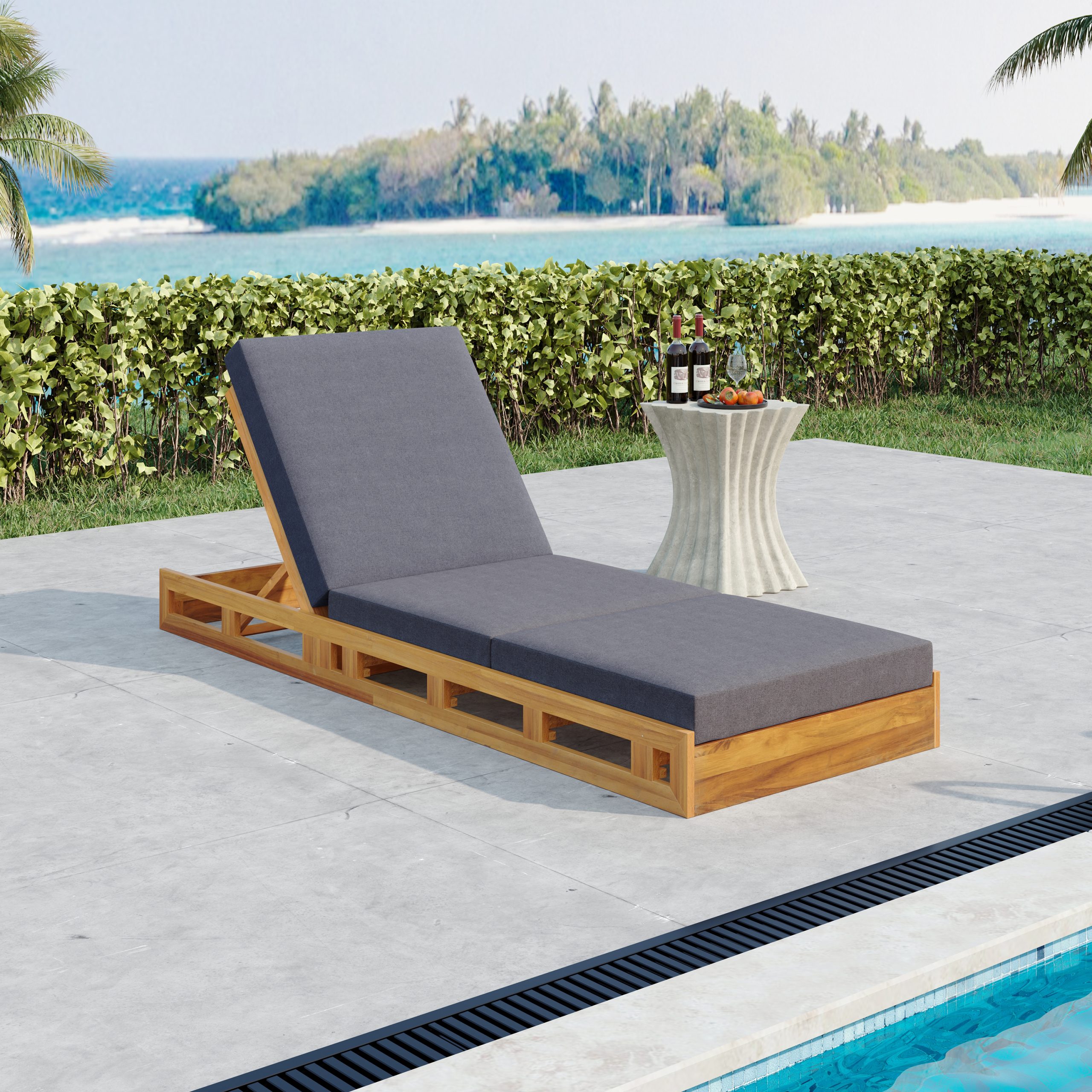 LOUNGE CHAISE SET, ACACIA SOLID WOOD WITH LOUNGE CUSHION (DARK GREY & TRIPLE FOLD) - MATCHING CREAM VERSION AVAILABLE - Image 4