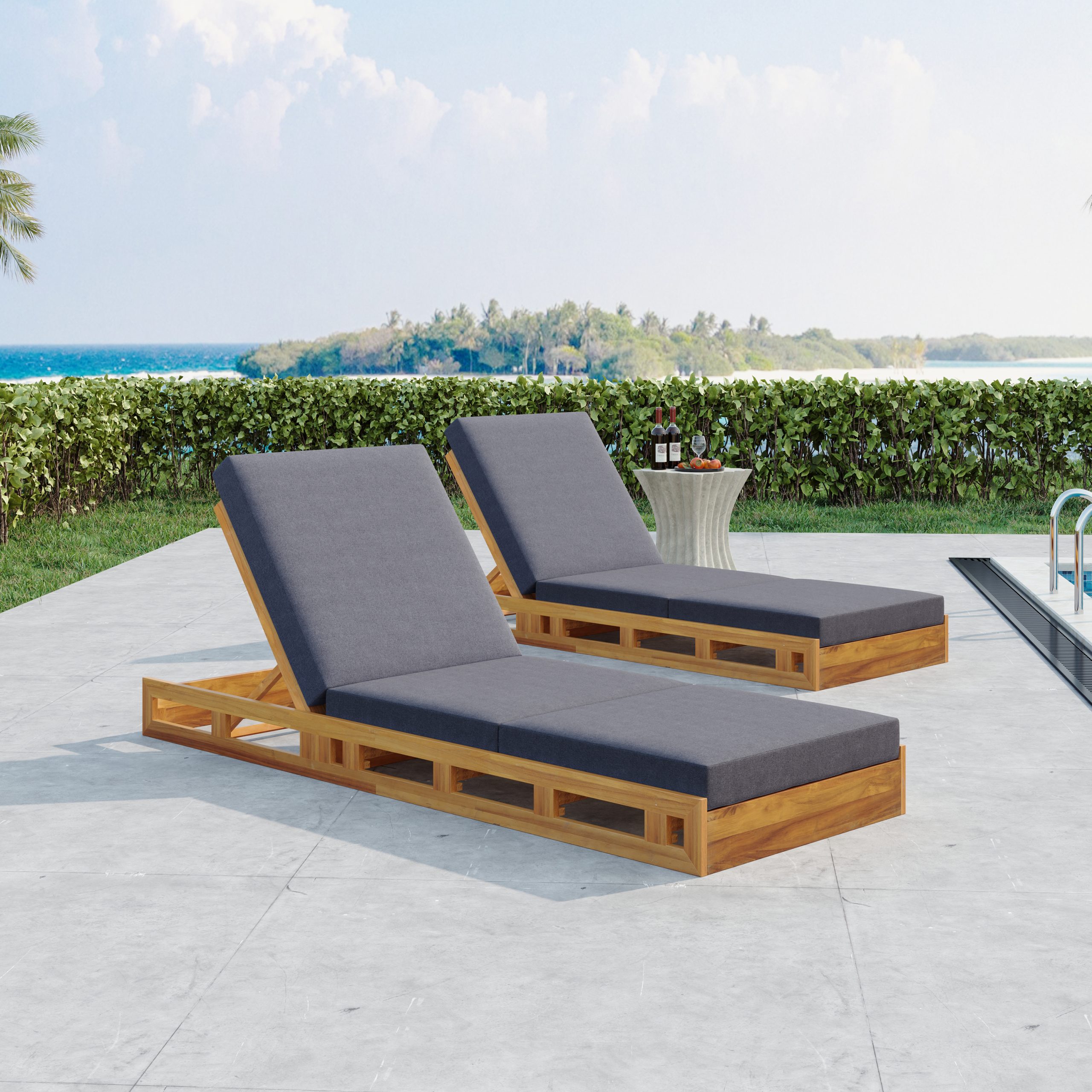 LOUNGE CHAISE SET, ACACIA SOLID WOOD WITH LOUNGE CUSHION (DARK GREY & TRIPLE FOLD) - MATCHING CREAM VERSION AVAILABLE - Image 5
