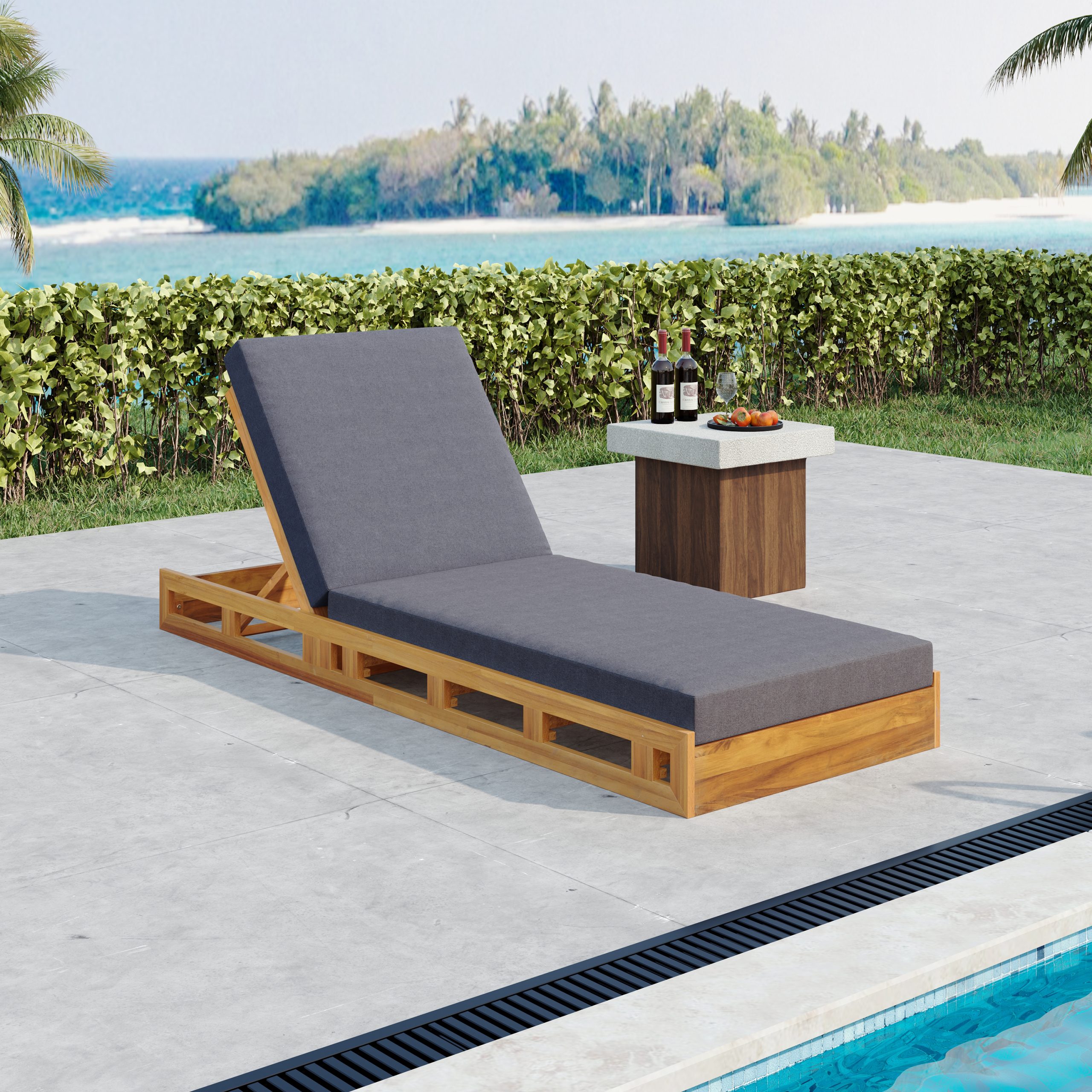 LOUNGE CHAISE SET, ACACIA WOOD WITH WATER-RESISTANT LOUNGE CUSHIONS (Dark Grey/ & 4 INCH THICK) - MATCHING CREAM VERSION AVAILABLE - Image 4