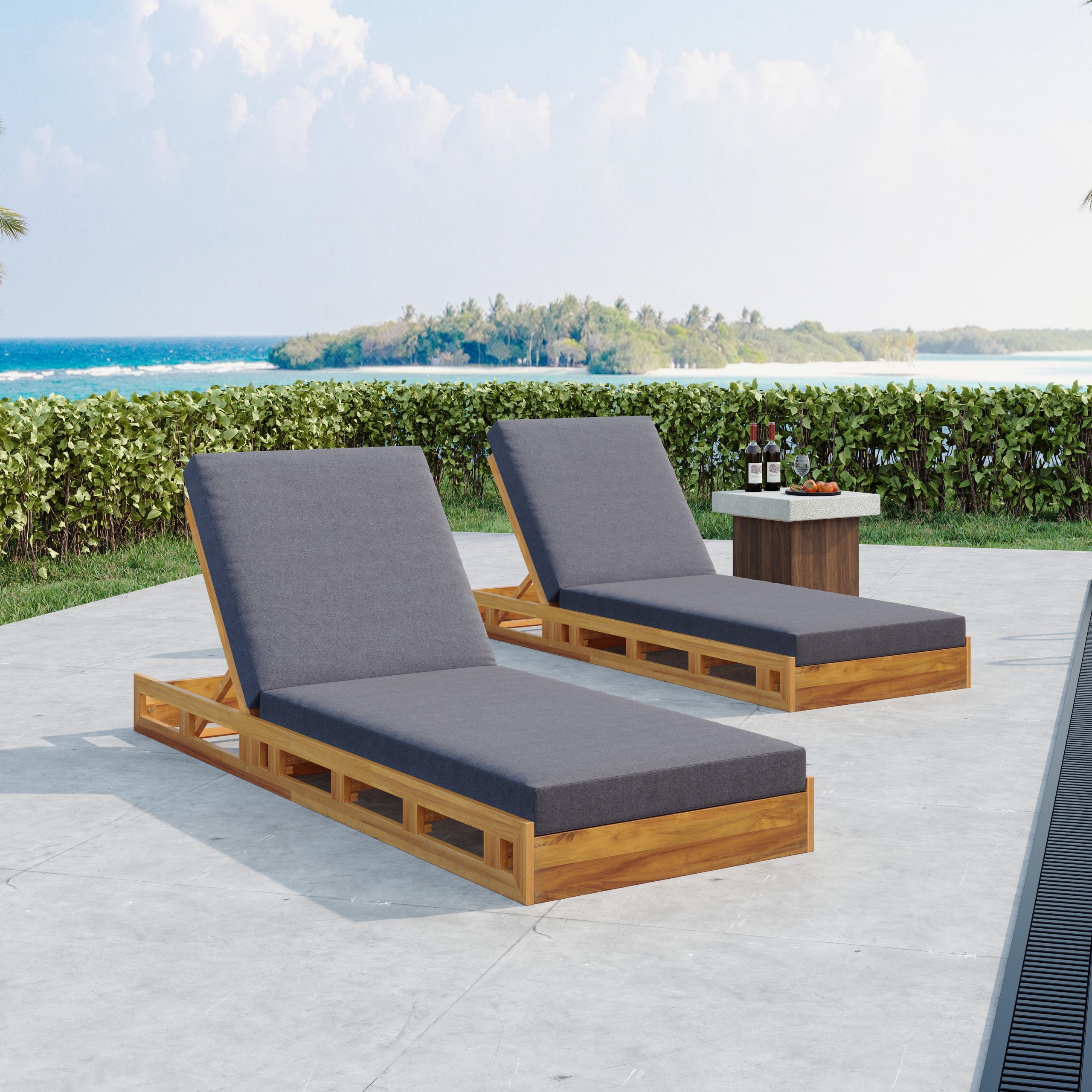 LOUNGE CHAISE SET, ACACIA WOOD WITH WATER-RESISTANT LOUNGE CUSHIONS (Dark Grey/ & 4 INCH THICK) - MATCHING CREAM VERSION AVAILABLE - Image 5