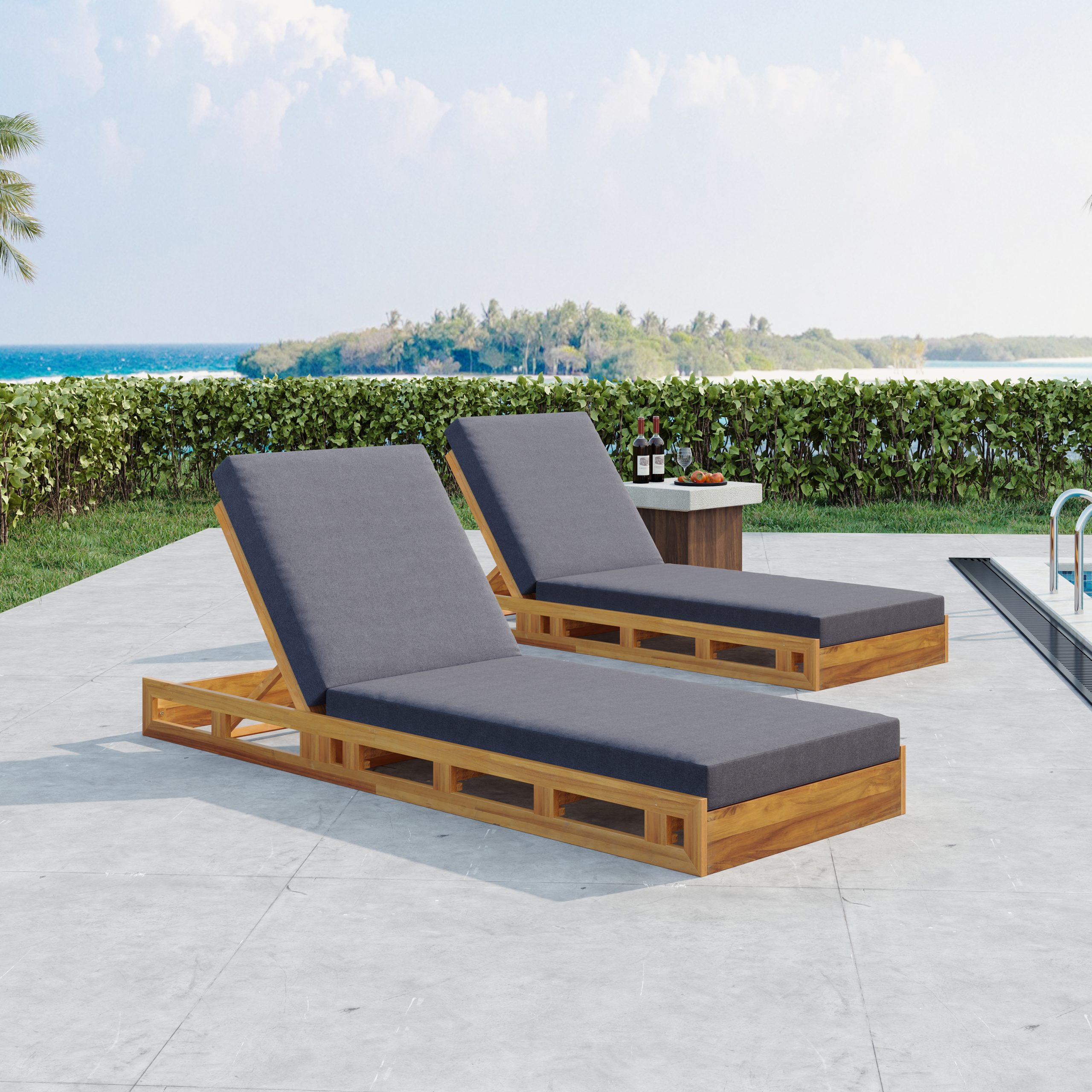 LOUNGE CHAISE SET, ACACIA WOOD WITH WATER-RESISTANT LOUNGE CUSHIONS (Dark Grey/ & 4 INCH THICK) - MATCHING CREAM VERSION AVAILABLE - Image 6