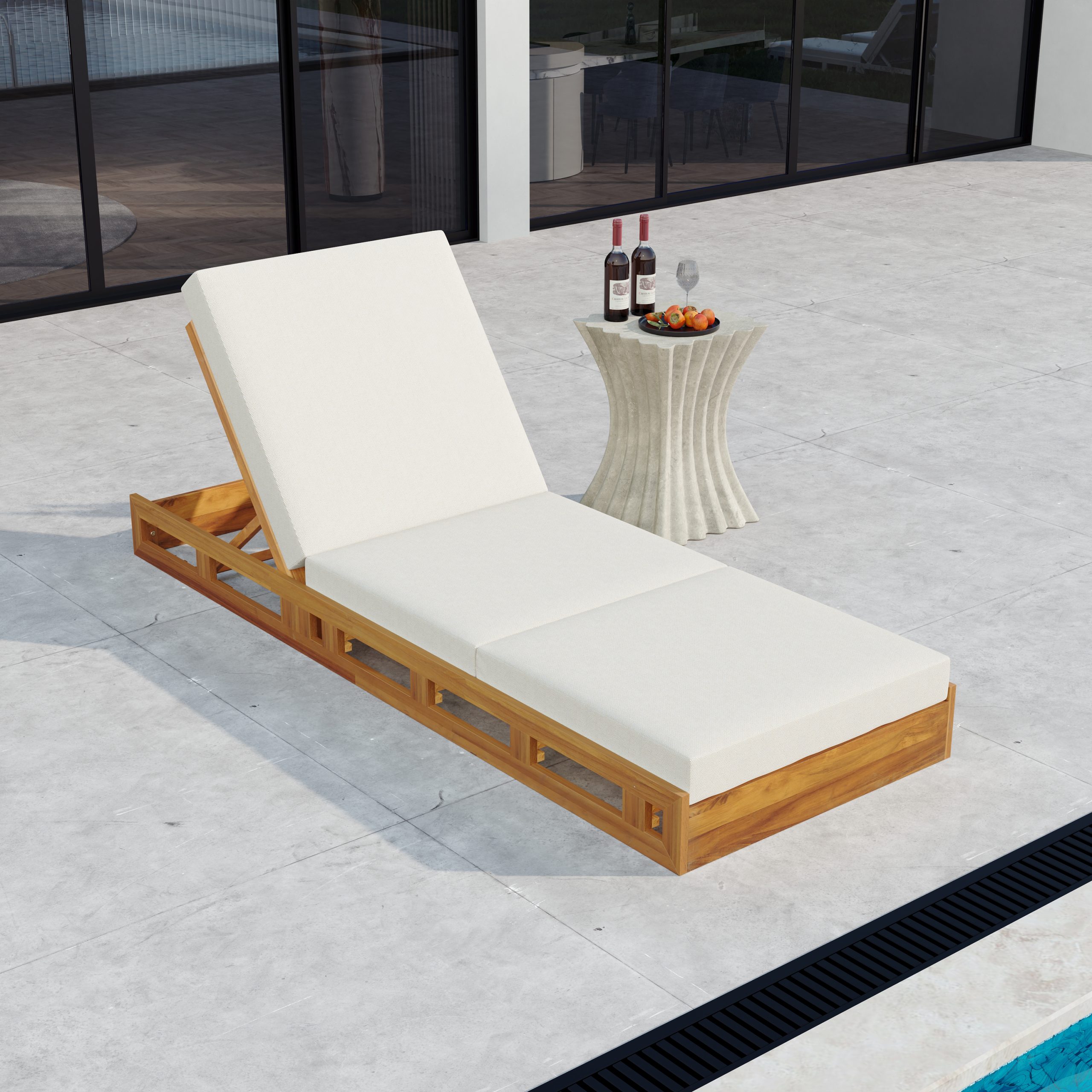 LOUNGE CHAISE SET, ACACIA SOLID WOOD WITH LOUNGE CUSHION (CREAM & TRIPLE FOLD) - MATCHING DARK GREY VERSION AVAILABLE - Image 4