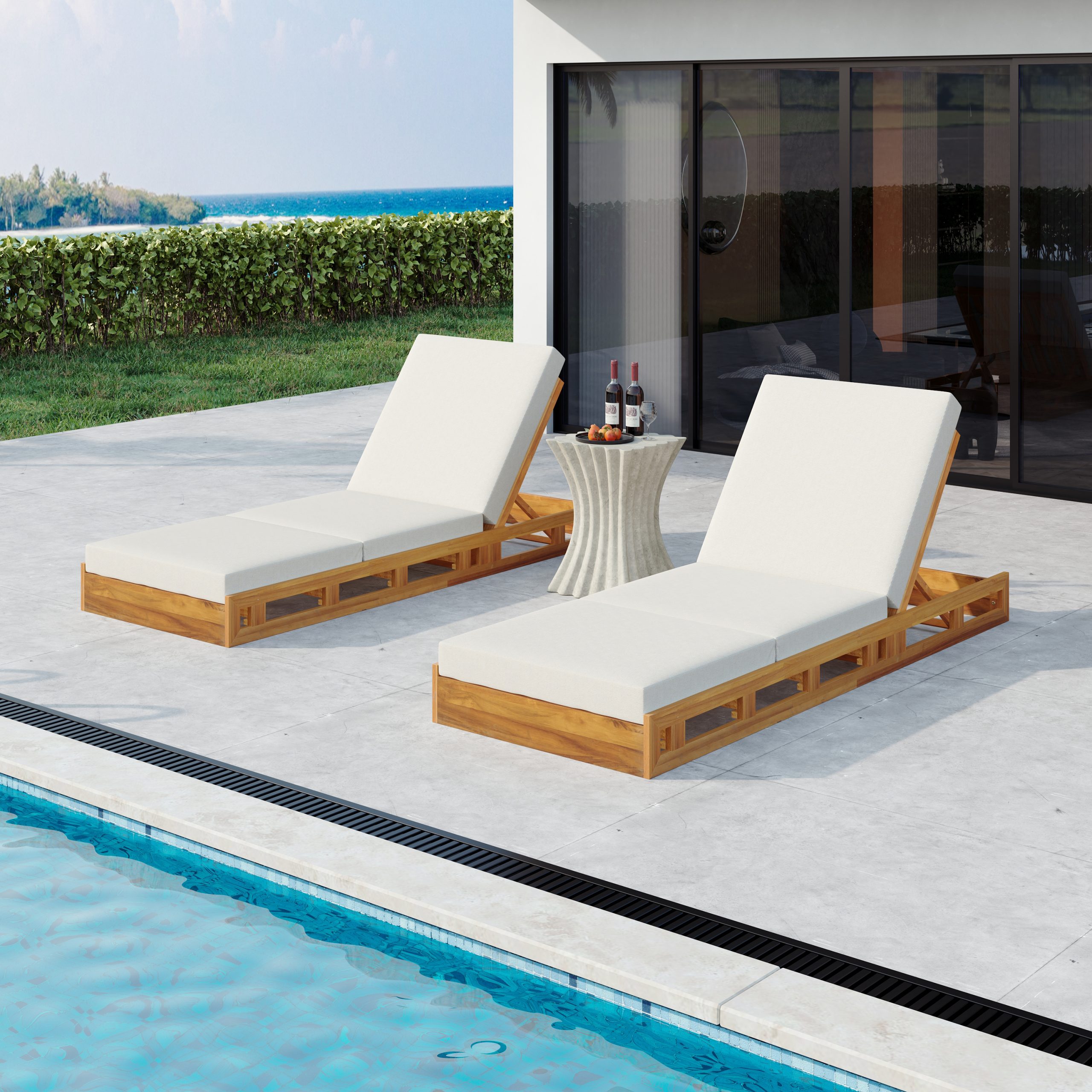 LOUNGE CHAISE SET, ACACIA SOLID WOOD WITH LOUNGE CUSHION (CREAM & TRIPLE FOLD) - MATCHING DARK GREY VERSION AVAILABLE - Image 5