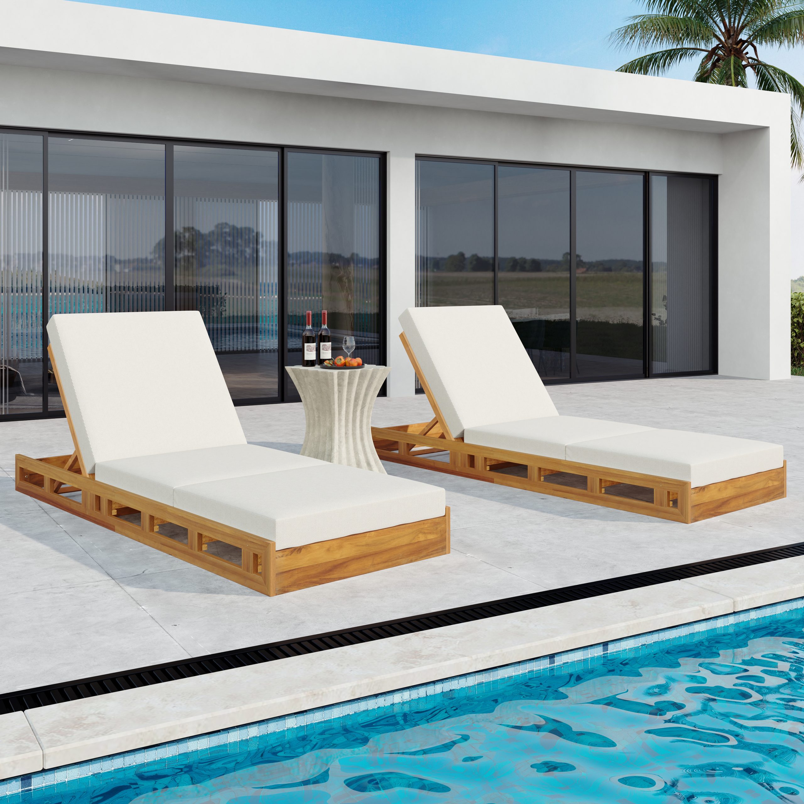 LOUNGE CHAISE SET, ACACIA SOLID WOOD WITH LOUNGE CUSHION (CREAM & TRIPLE FOLD) - MATCHING DARK GREY VERSION AVAILABLE - Image 6