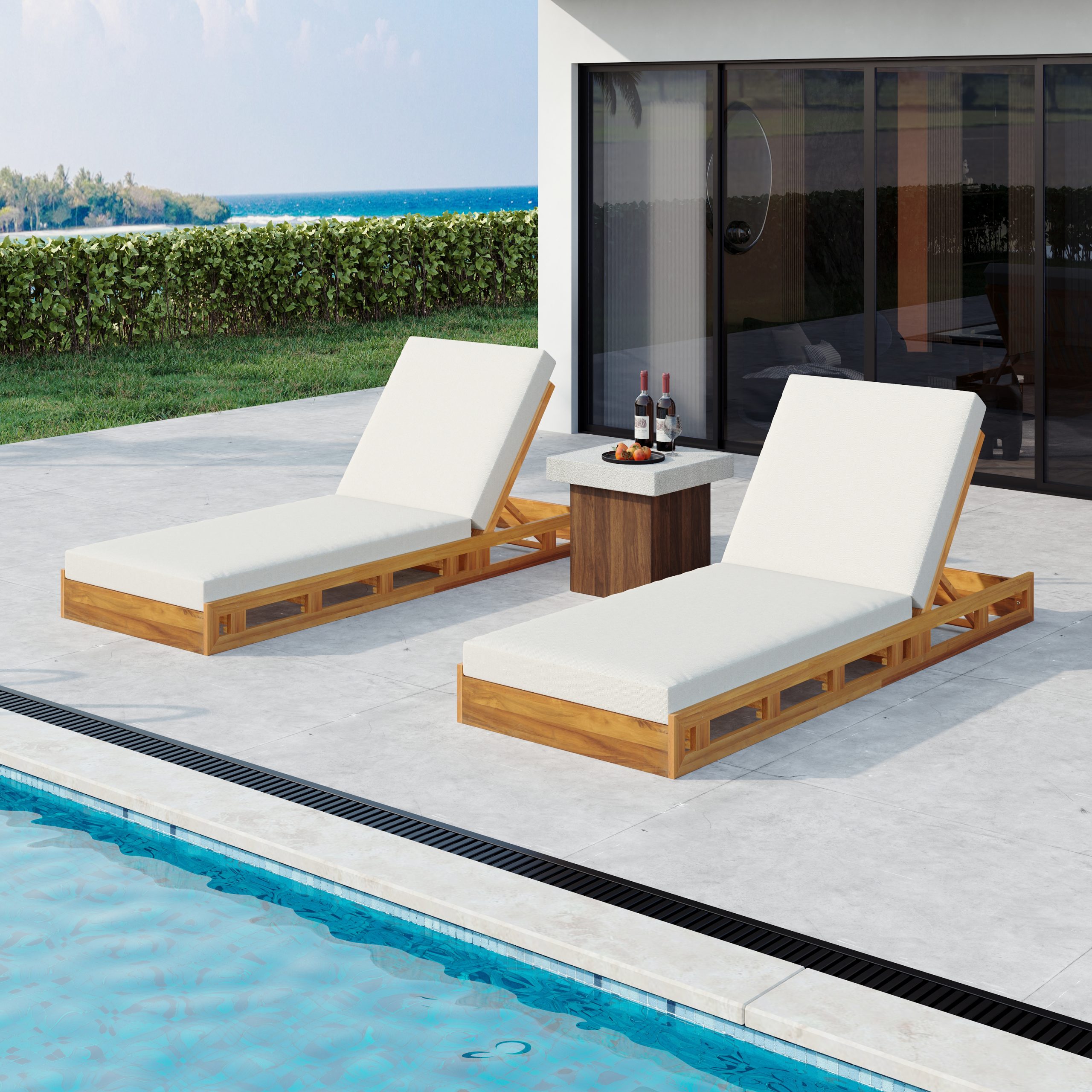 LOUNGE CHAISE SET, ACACIA WOOD WITH WATER-RESISTANT LOUNGE CUSHIONS (CREAM & 4 INCH THICK) - MATCHING DARK GREY VERSION AVAILABLE - Image 5