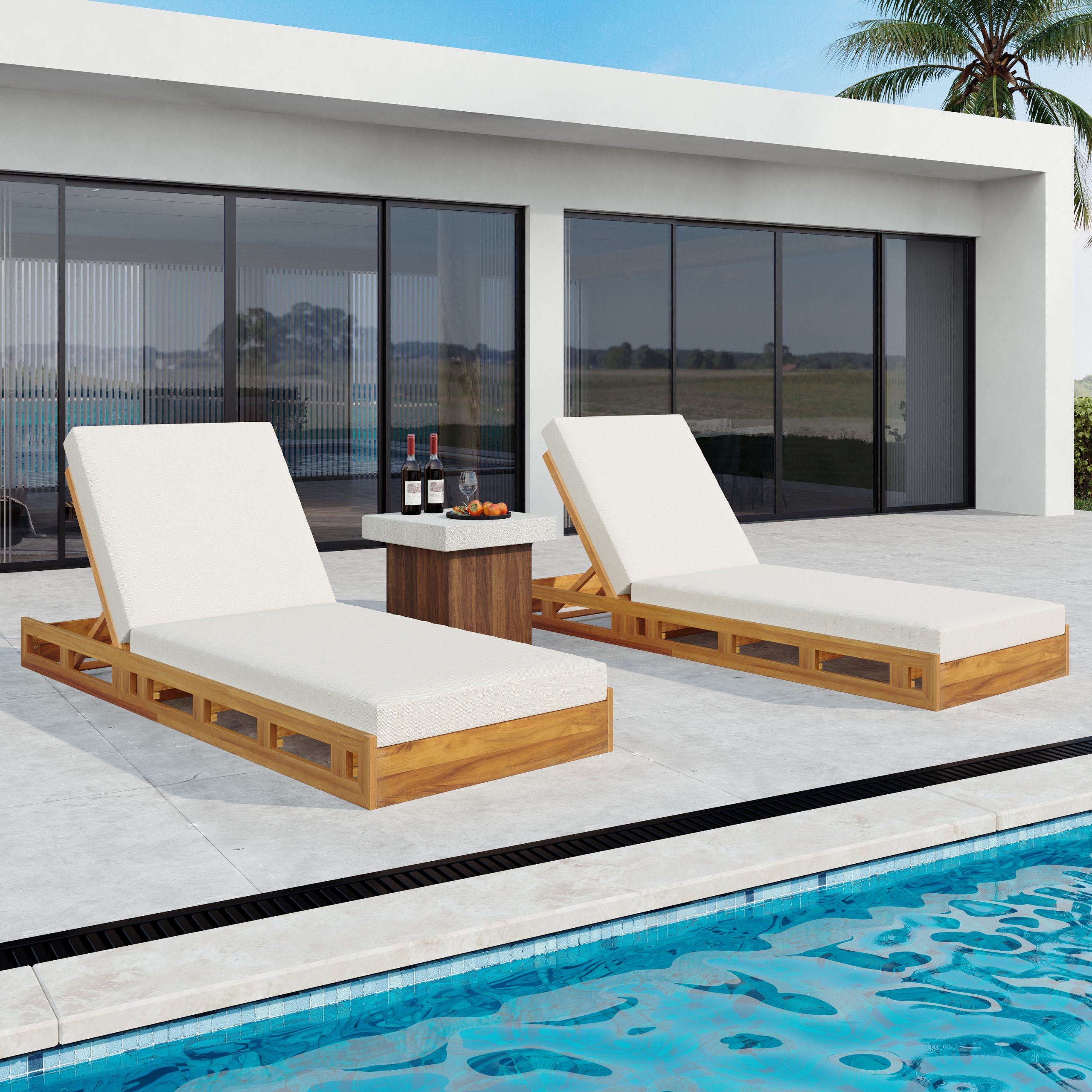 LOUNGE CHAISE SET, ACACIA WOOD WITH WATER-RESISTANT LOUNGE CUSHIONS (CREAM & 4 INCH THICK) - MATCHING DARK GREY VERSION AVAILABLE - Image 6