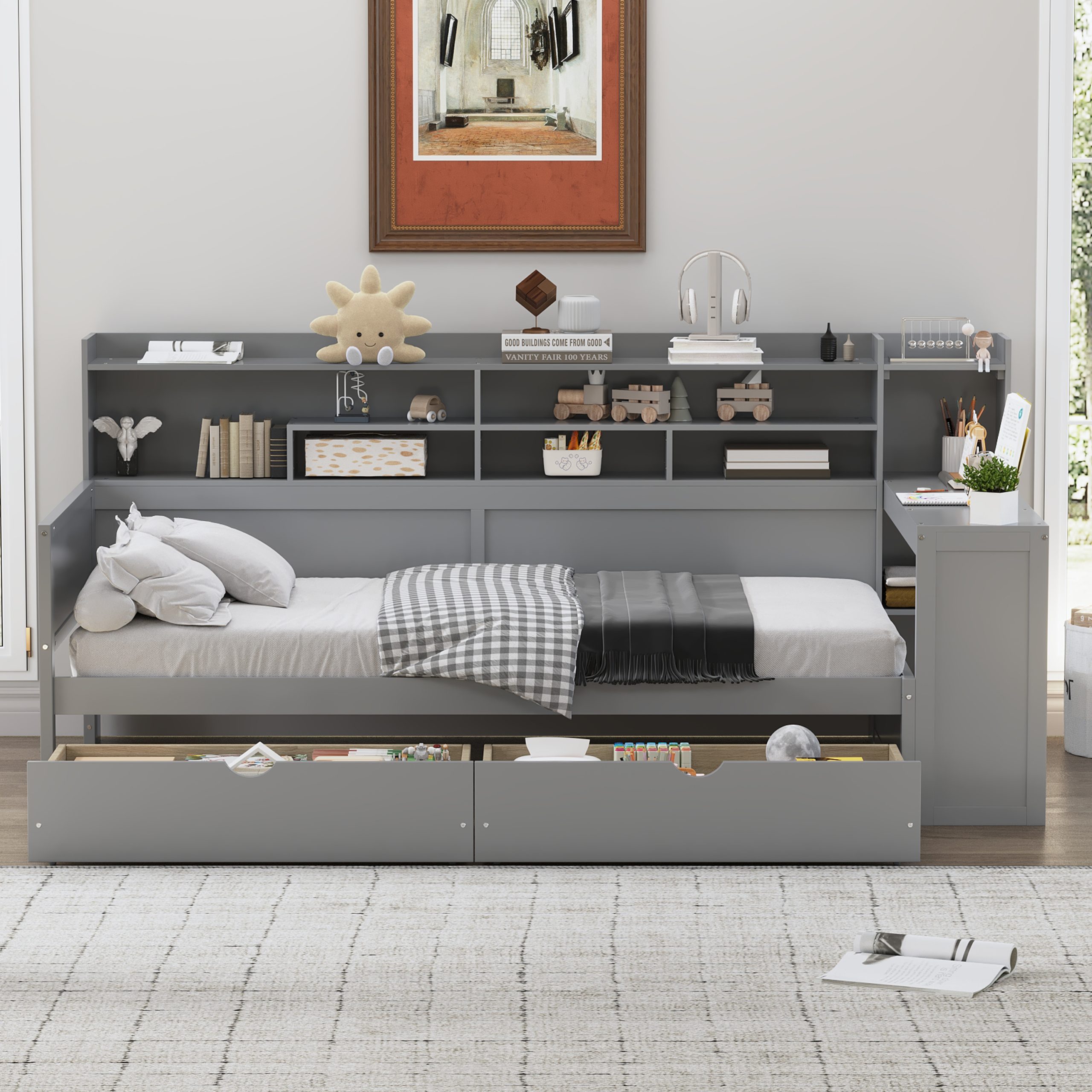 Wooden Twin Size Daybed with Storage Shelves, Multi-functional Bed with Two Storage Drawers and Study Desk, Gray - Image 2