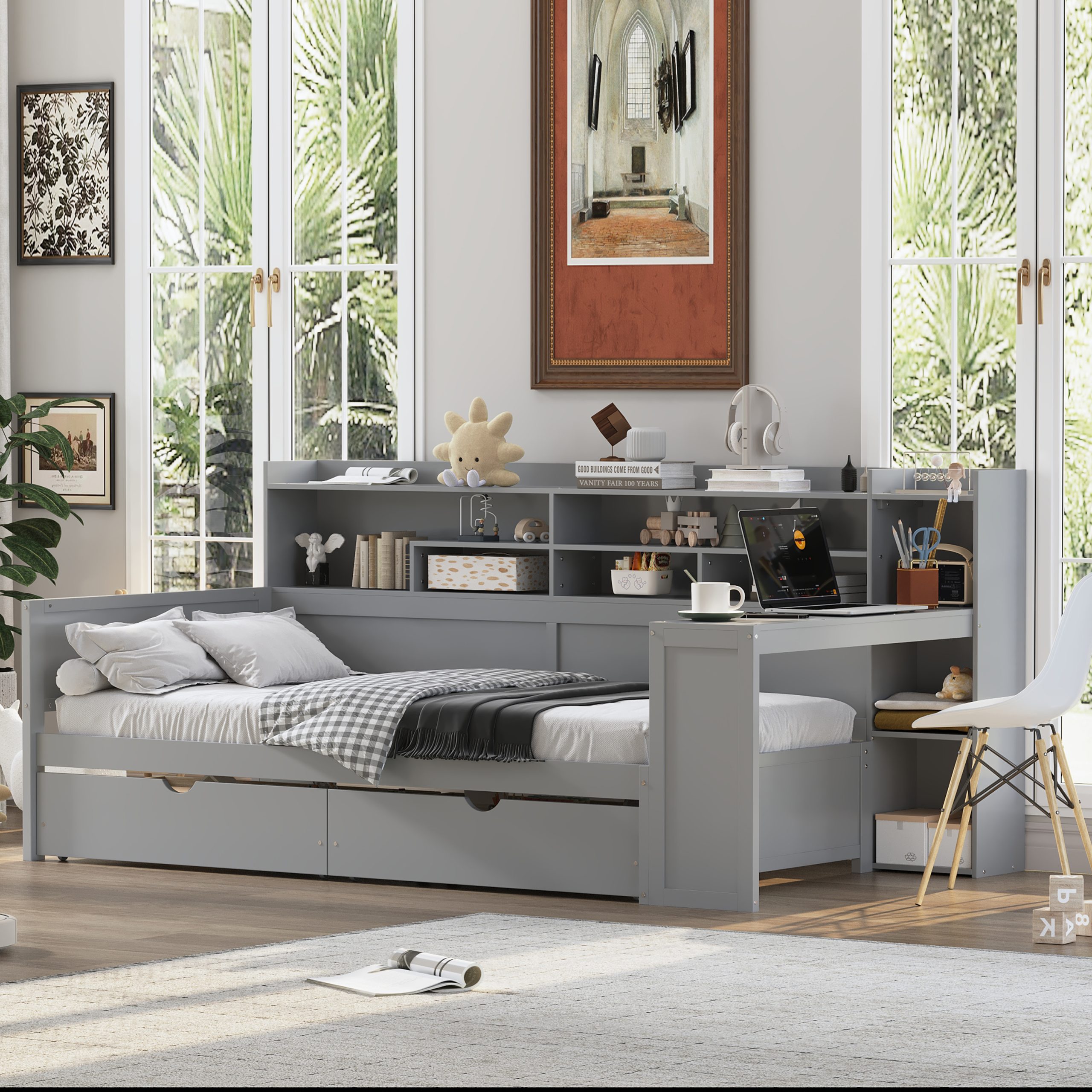 Wooden Twin Size Daybed with Storage Shelves, Multi-functional Bed with Two Storage Drawers and Study Desk, Gray - Image 3