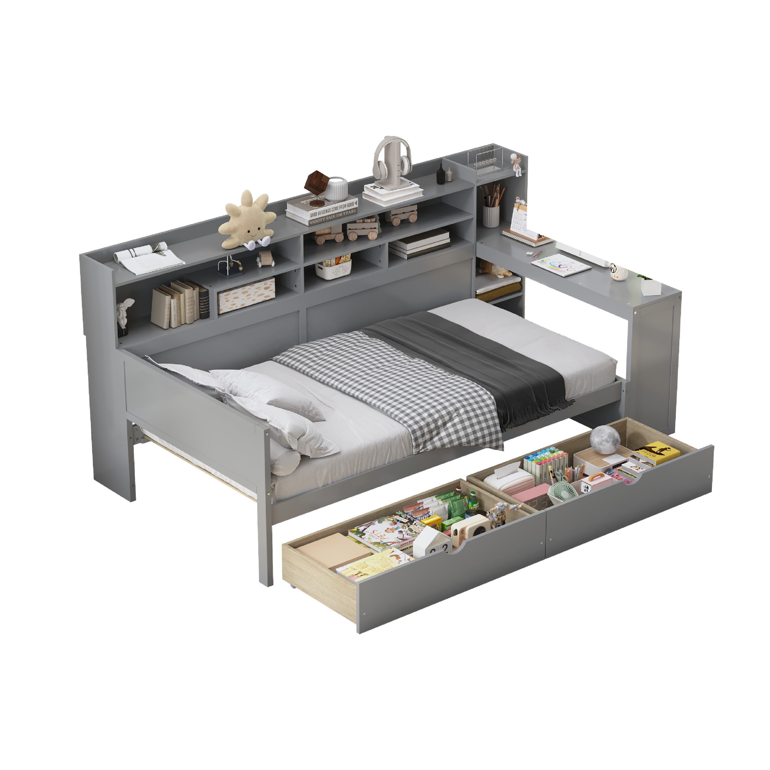Wooden Twin Size Daybed with Storage Shelves, Multi-functional Bed with Two Storage Drawers and Study Desk, Gray - Image 4